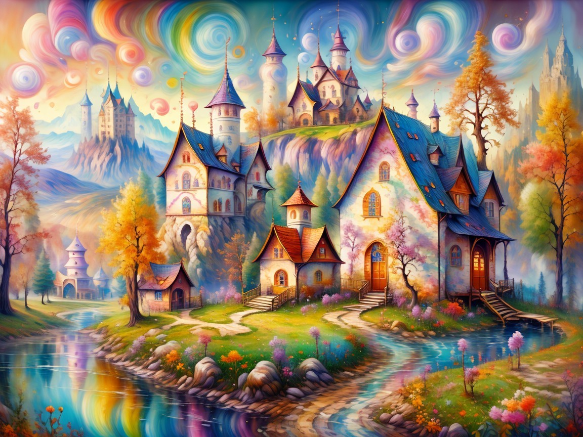 Whimsical Landscape with Colorful Castles and Nature