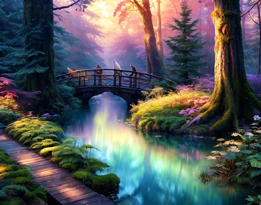 Enchanted Forest with Bridge and Wildlife Scene