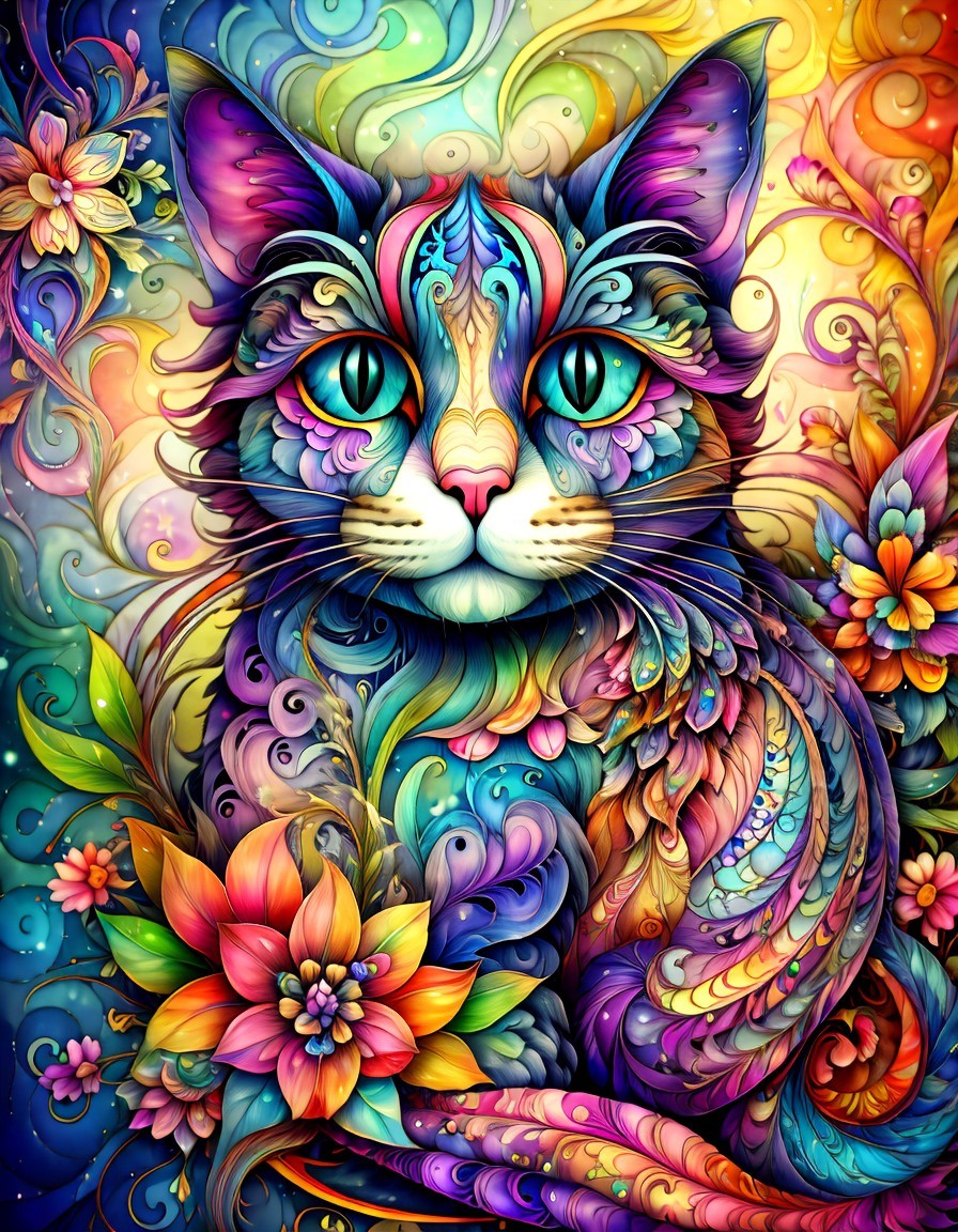 Colorful Illustration of a Cat with Floral Background