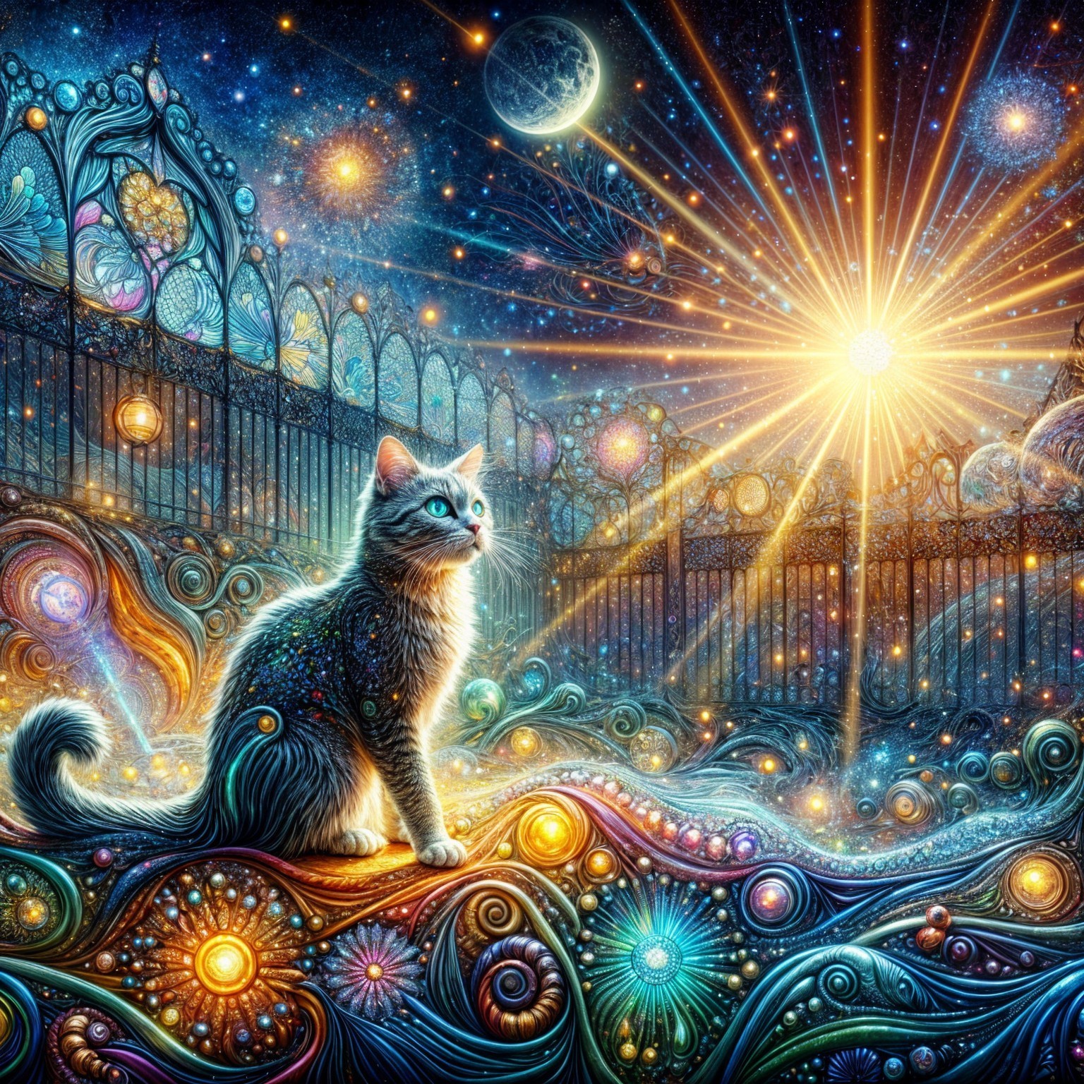 Cosmic Cat in a Colorful Mystical Landscape