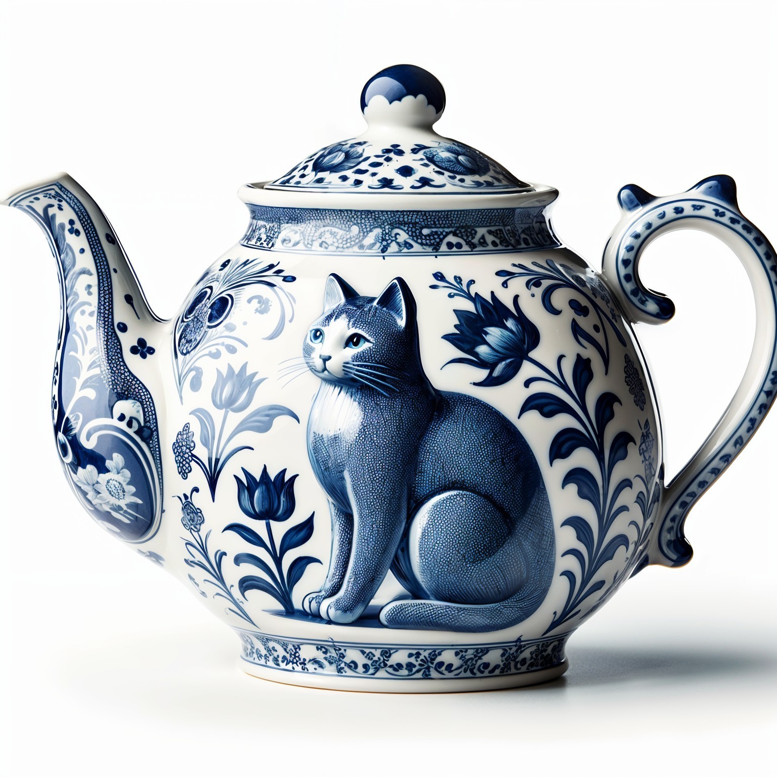 Intricate Blue Floral Porcelain Teapot with Cat Design