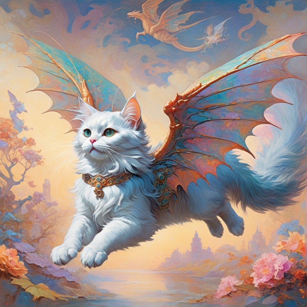 Majestic white cat with dragon wings in dreamlike landscape