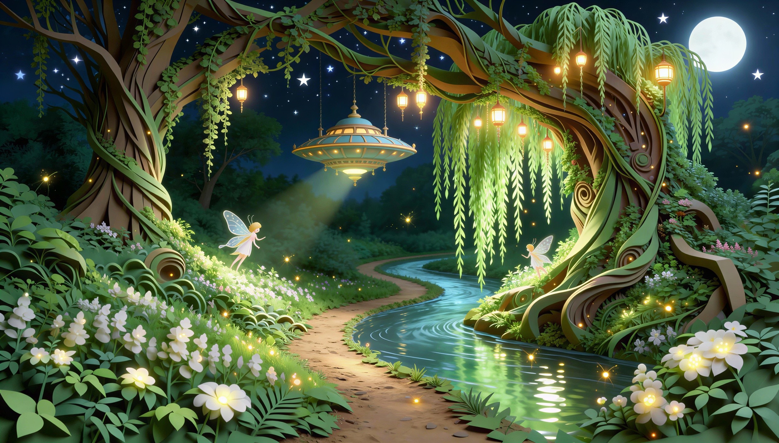 Papercraft Fantasy Landscape with Fairies and UFO