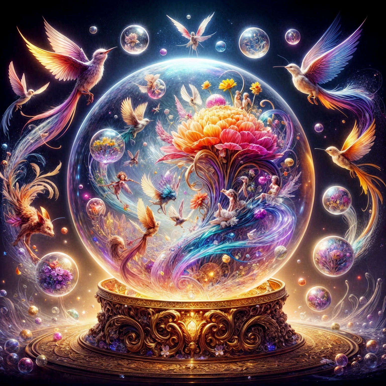 Vibrant Flowers and Ethereal Birds in a Shimmering Globe