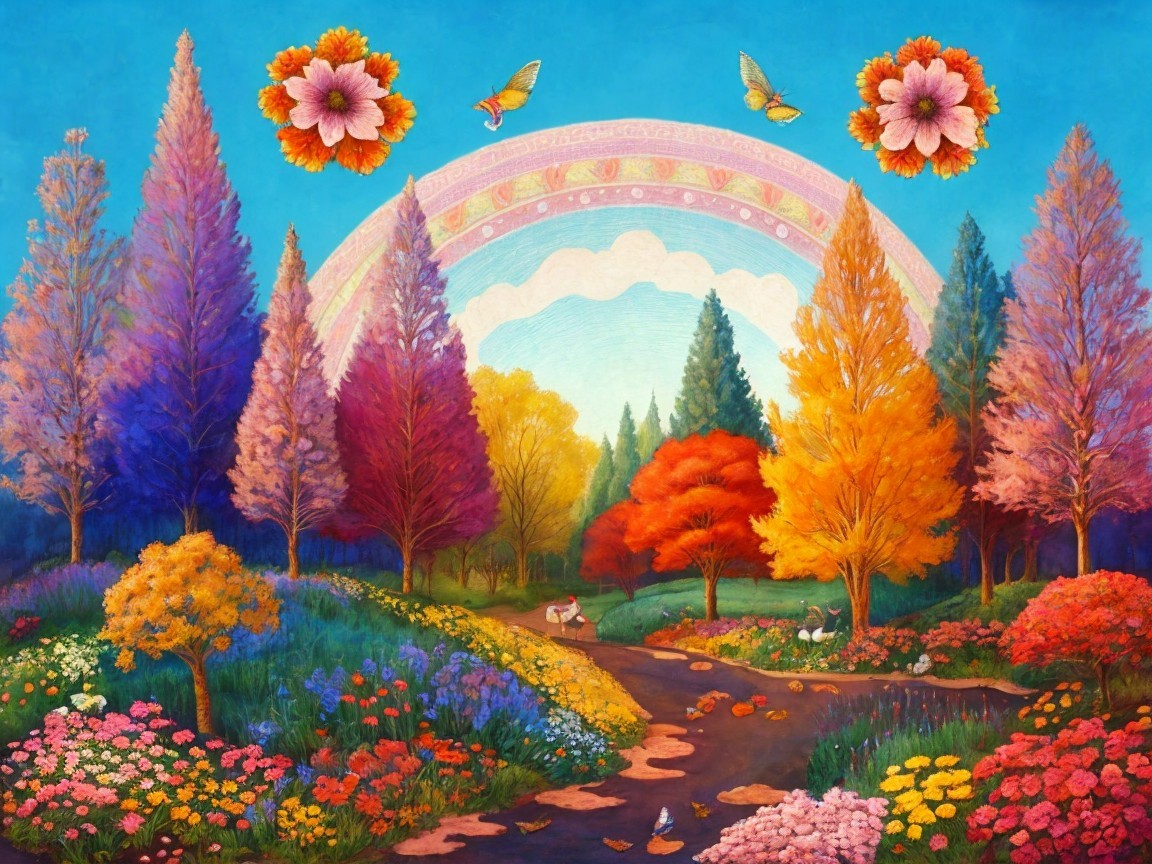 Vibrant Landscape with Colorful Trees and Flowers