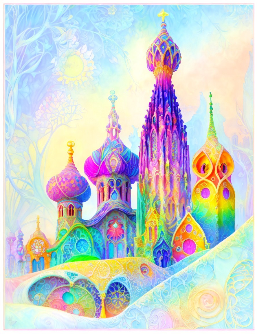 Vibrant Dreamlike Landscape with Whimsical Towers