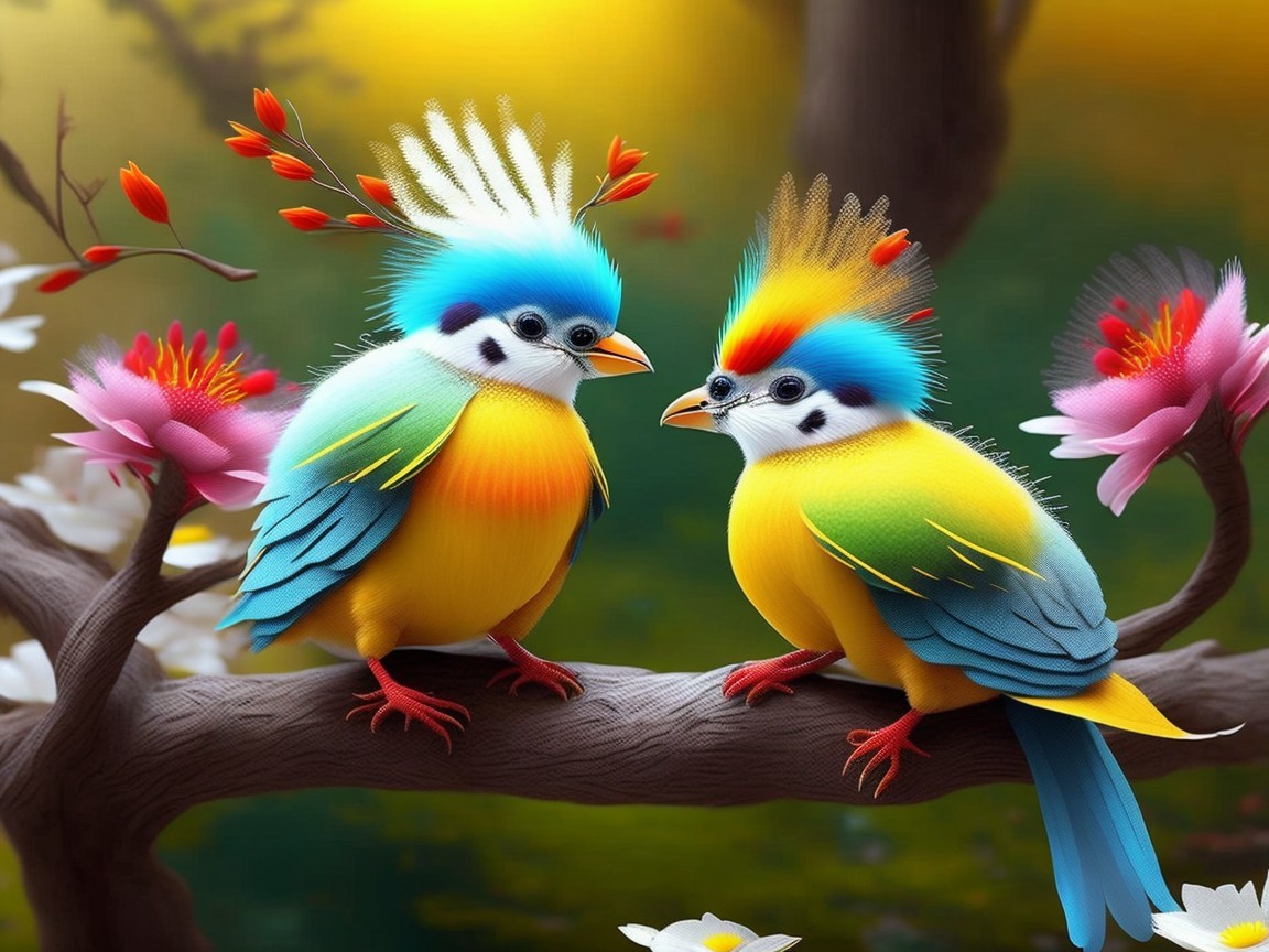 Cartoonish Birds on a Branch with Colorful Flowers
