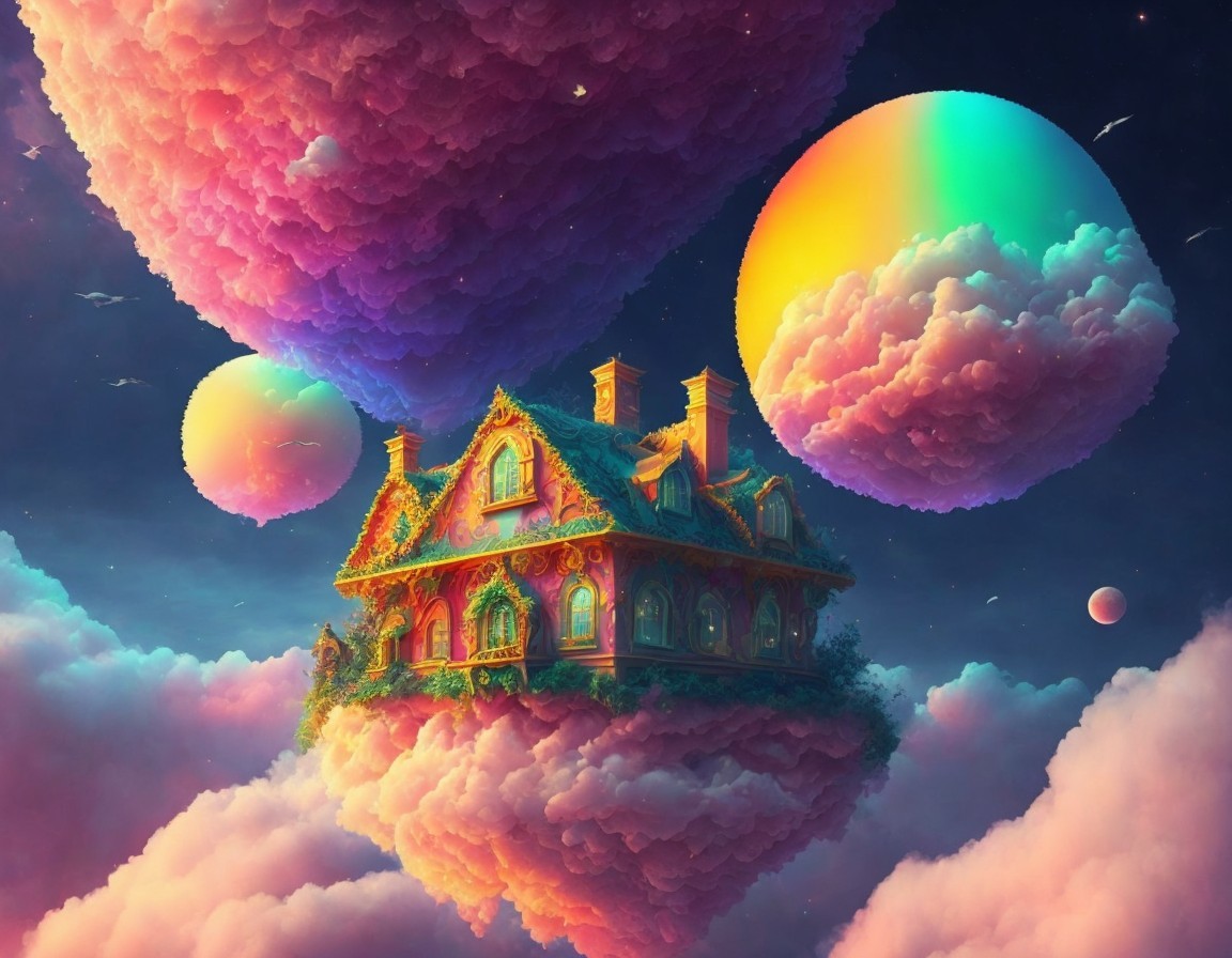 Whimsical House Among Colorful Clouds and Orbs
