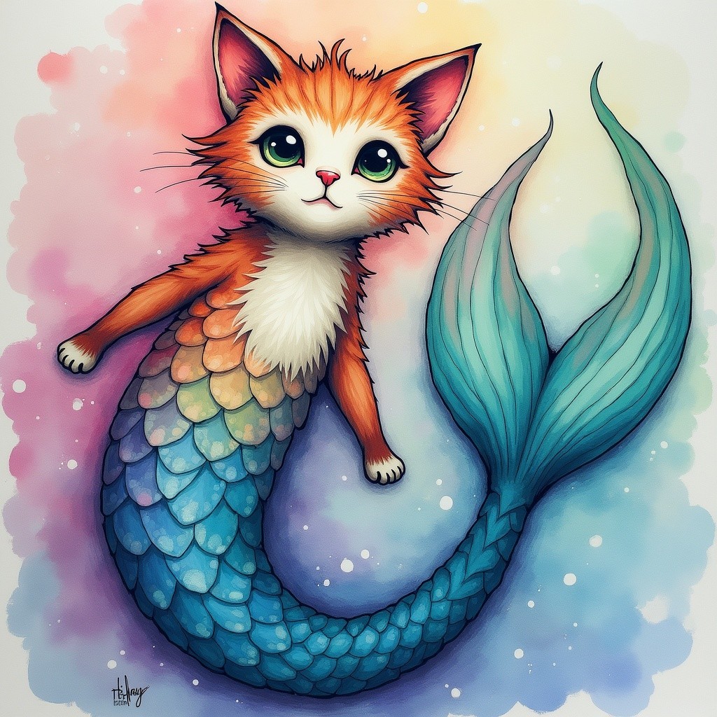 Whimsical Cat-Mermaid Illustration with Vibrant Colors