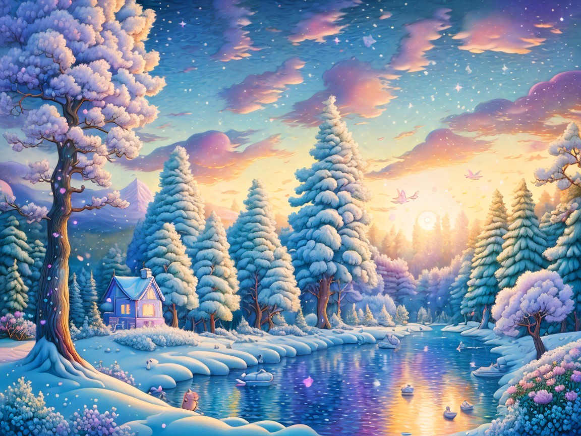 Serene Winter Landscape with Snow and Cozy Cabin