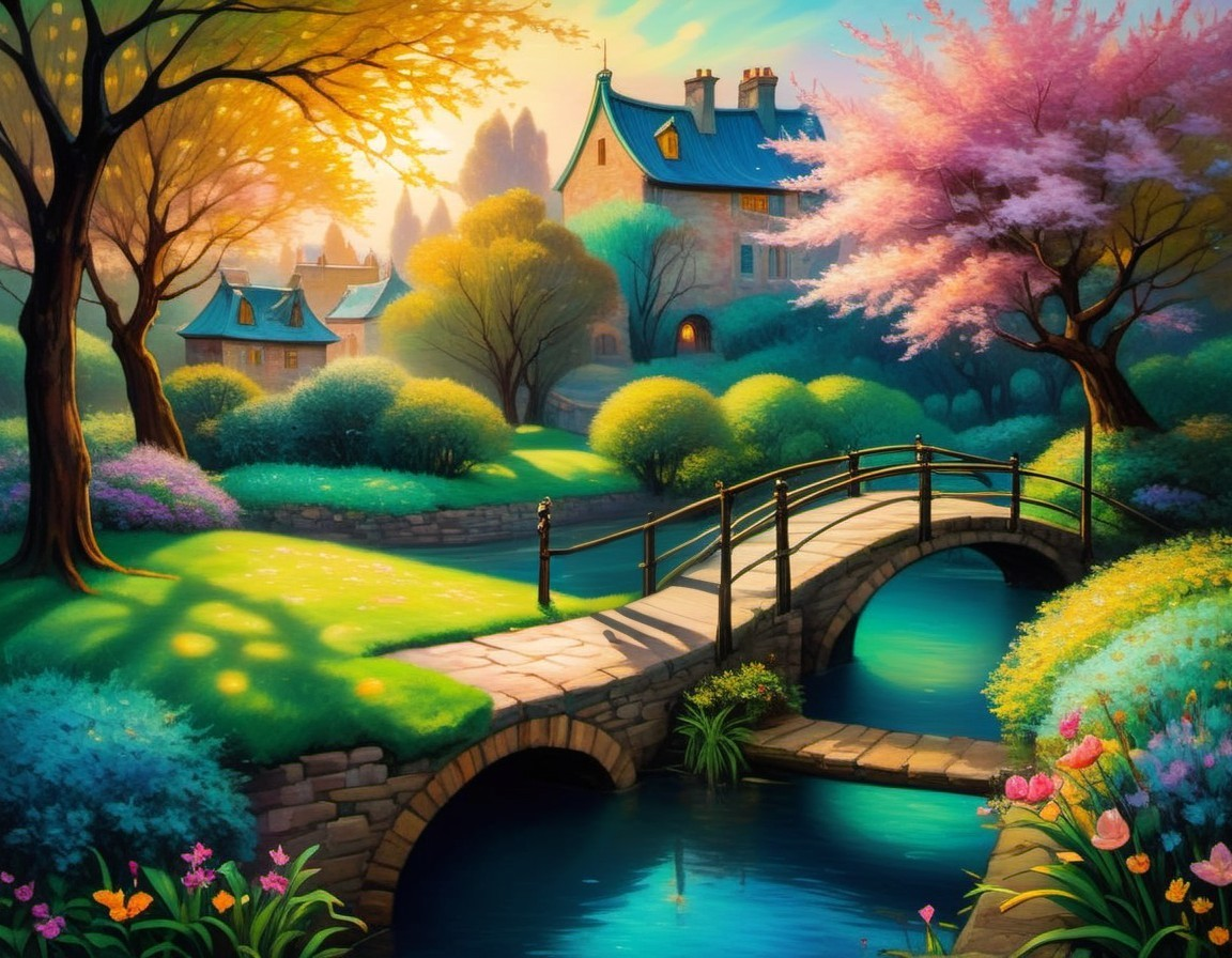 Tranquil Landscape with Stone Bridge and Stream