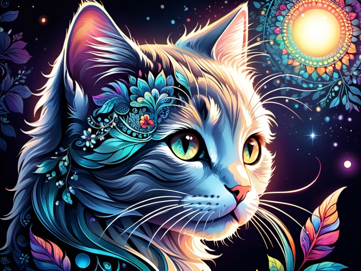 Illustration of a Cat with Cosmic and Floral Elements