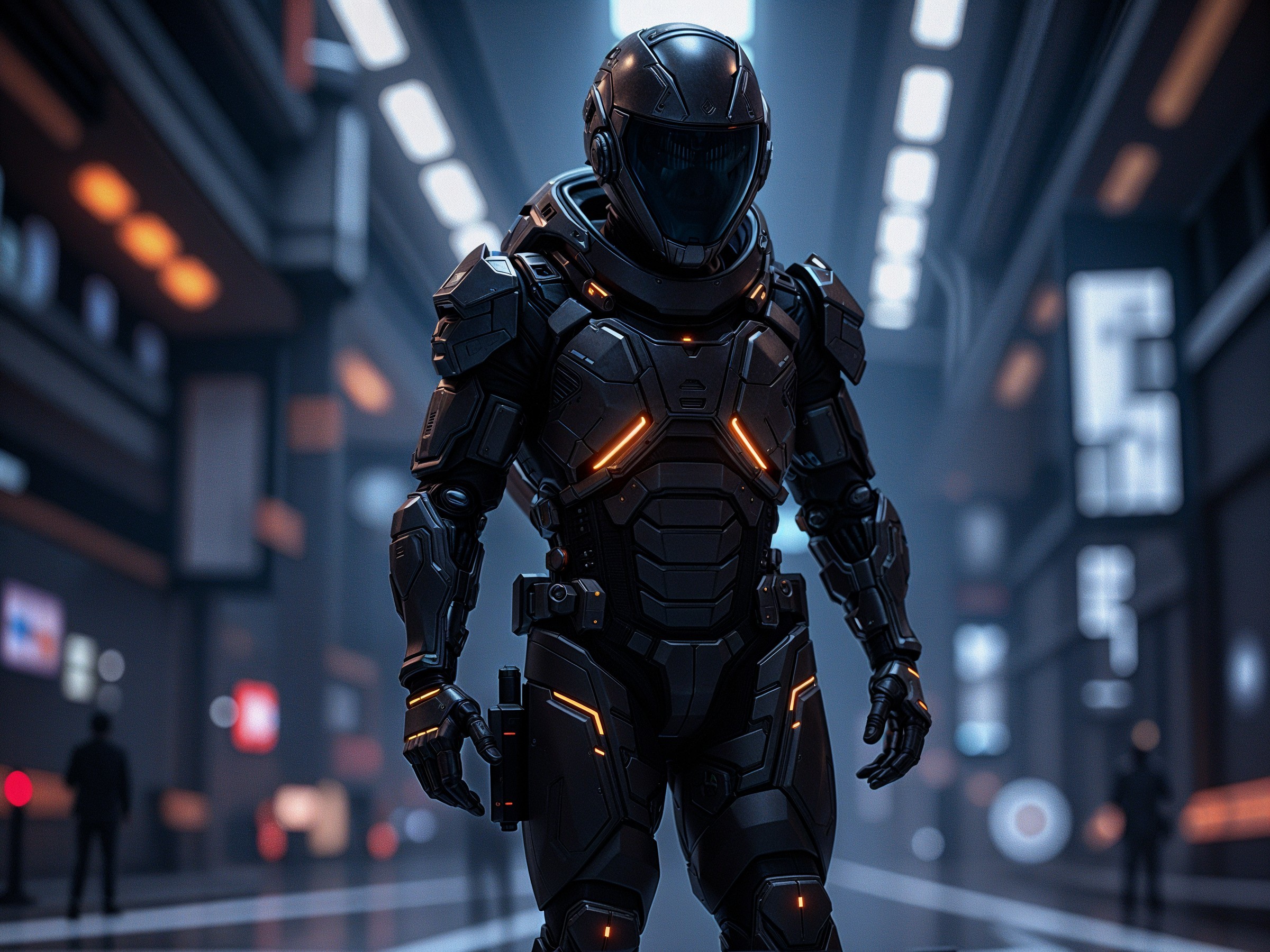 Futuristic humanoid in high-tech armor in sci-fi corridor