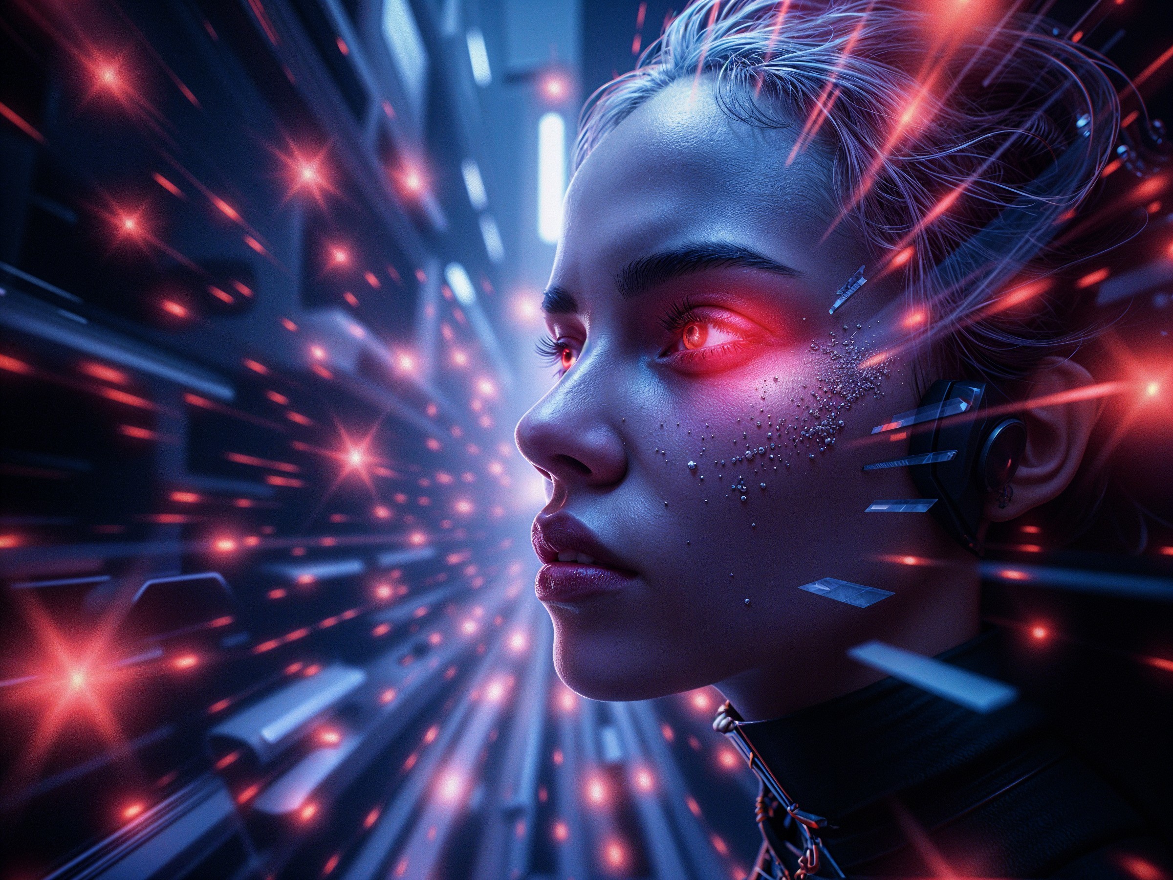 Futuristic Close-Up of a Young Woman with Red Eyes