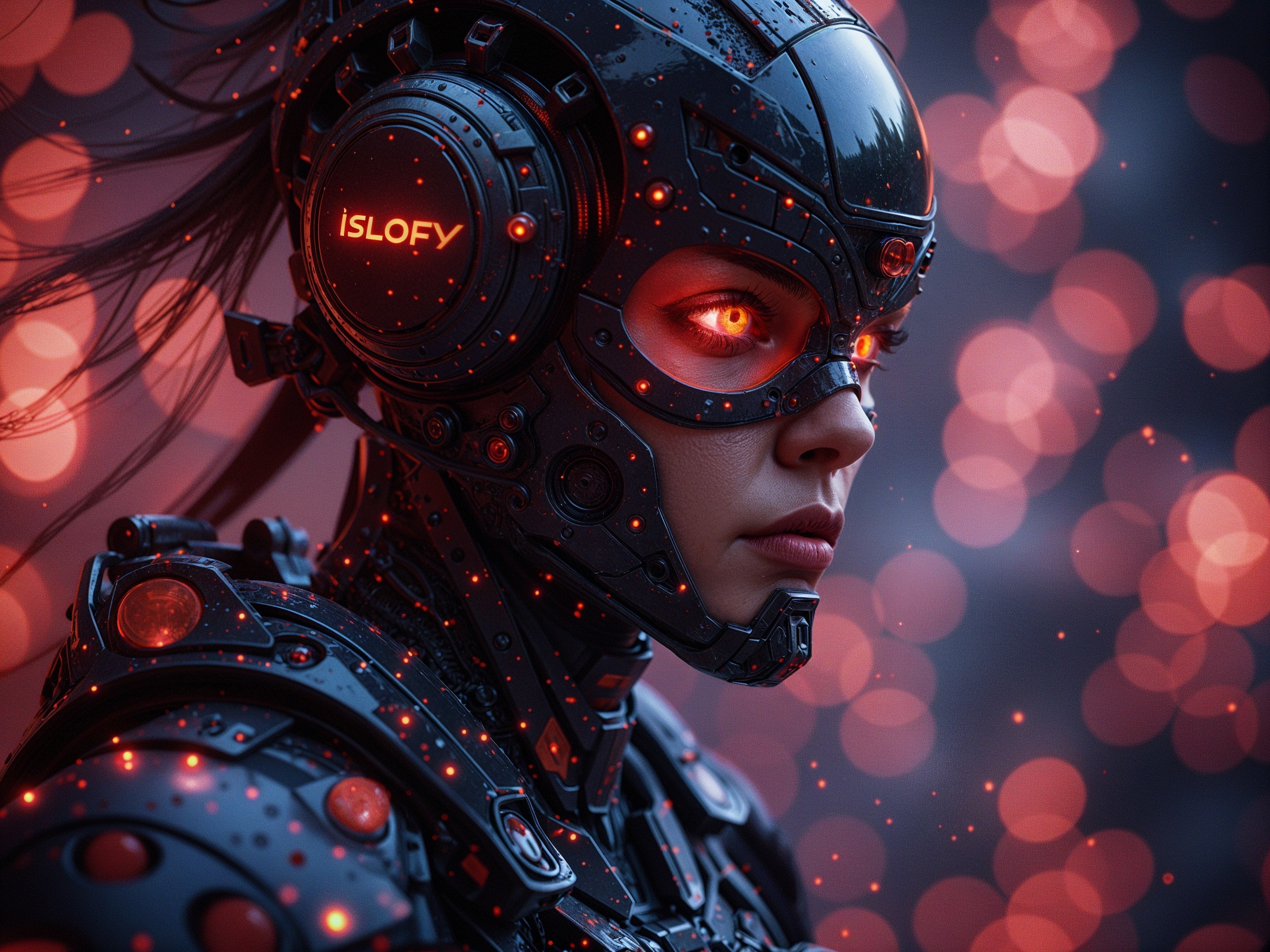 Futuristic Robotic Figure with Red Accents and Orbs