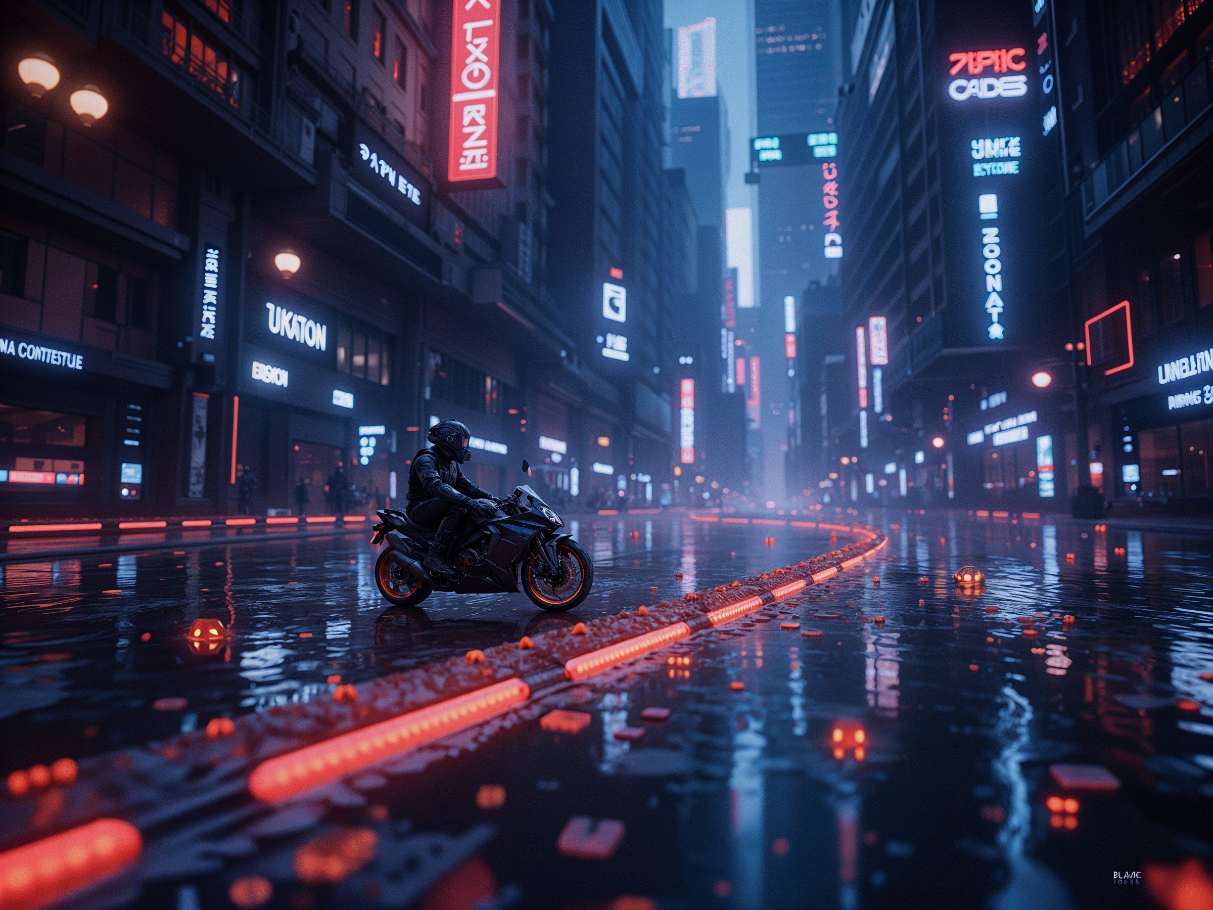 Sleek Motorcycle in Neon-Lit Cyberpunk Cityscape