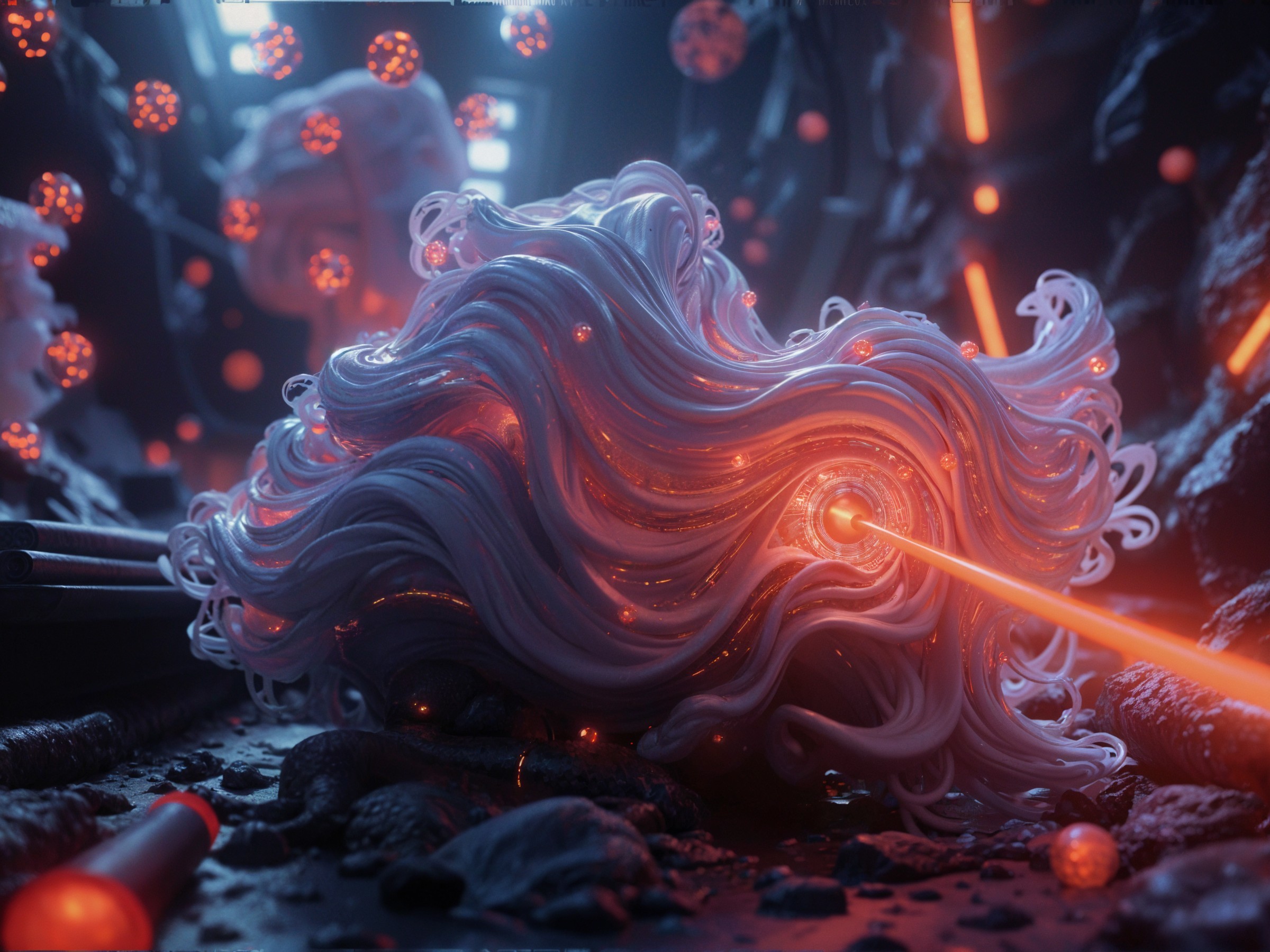 Ethereal Structure with Glowing Orbs in Dark Environment