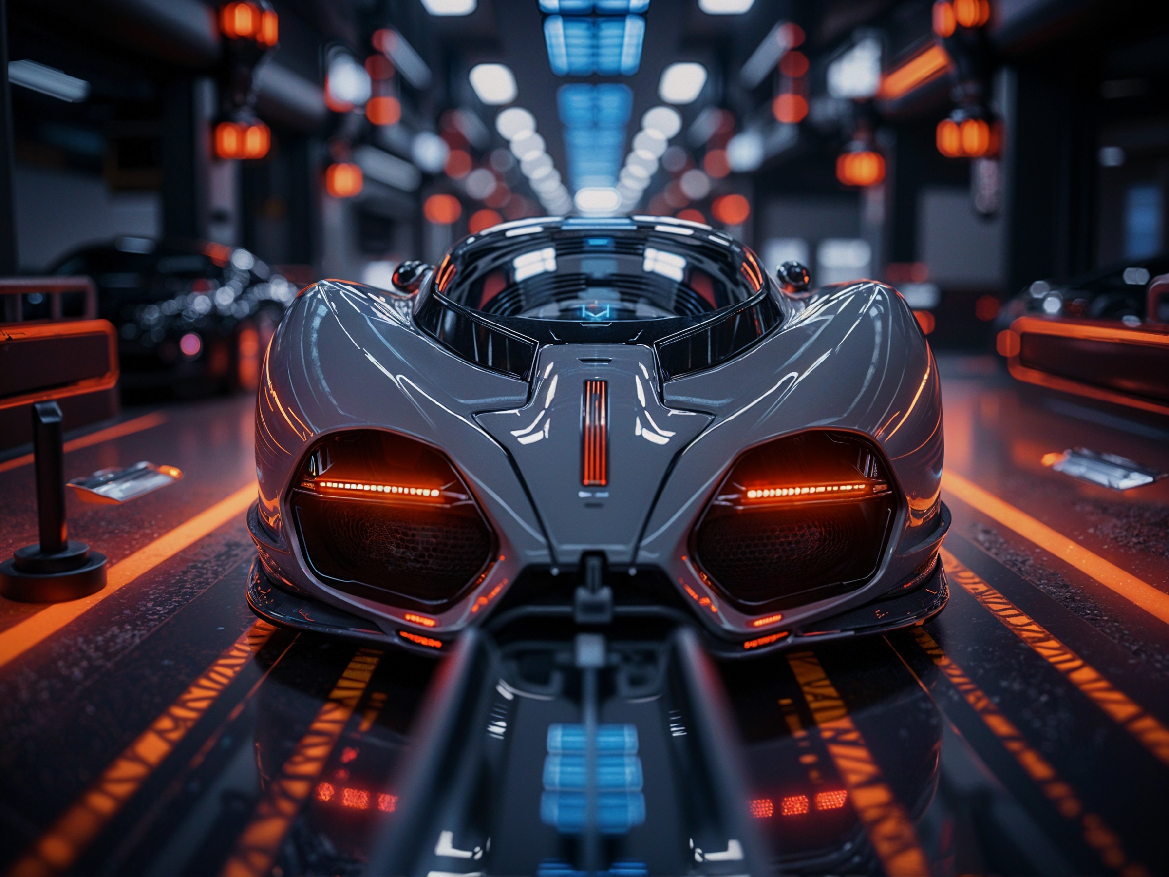 Futuristic Sports Car in High-Tech Garage Setting