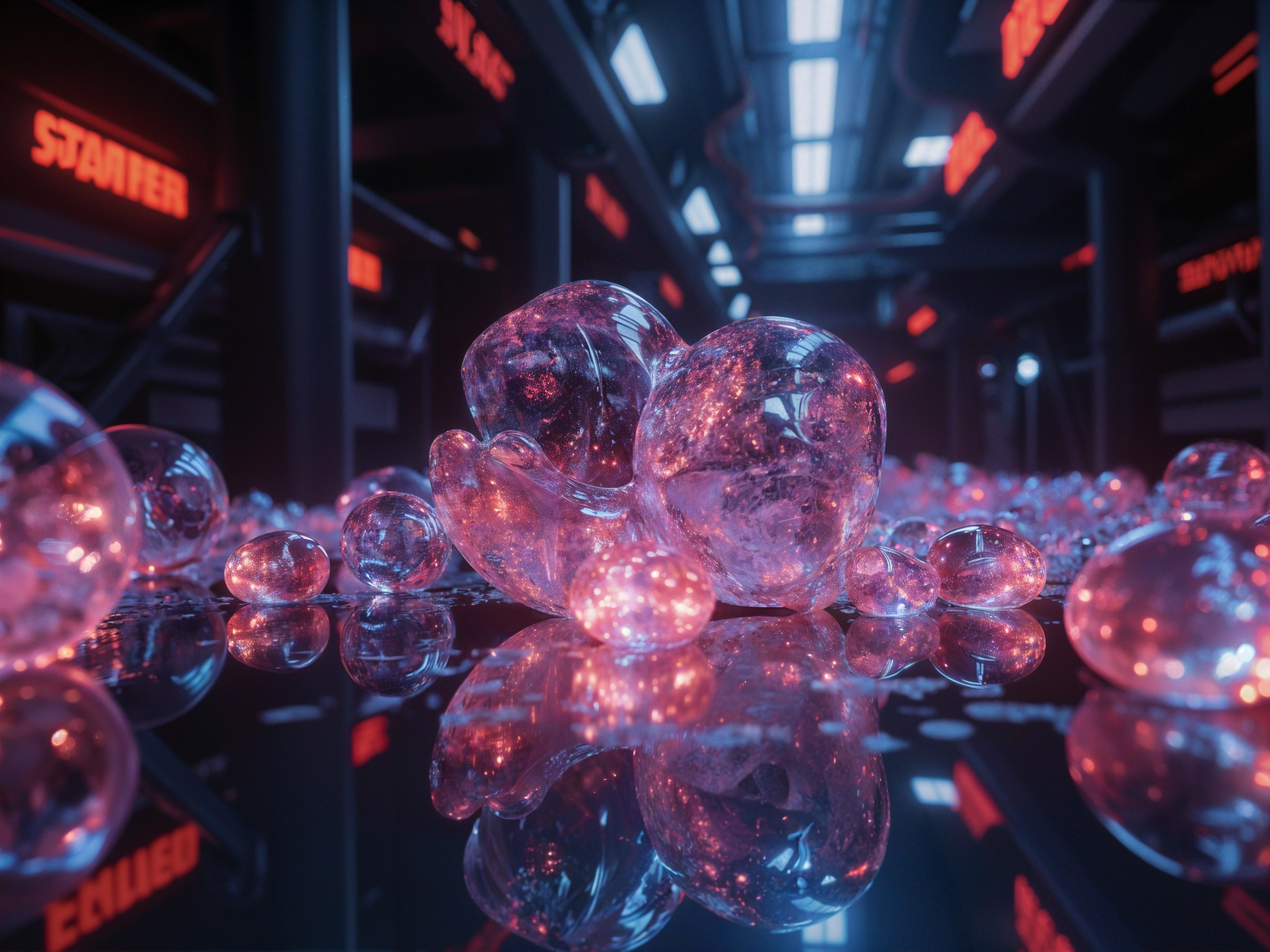 Futuristic scene with glowing bubbles and industrial backdrop