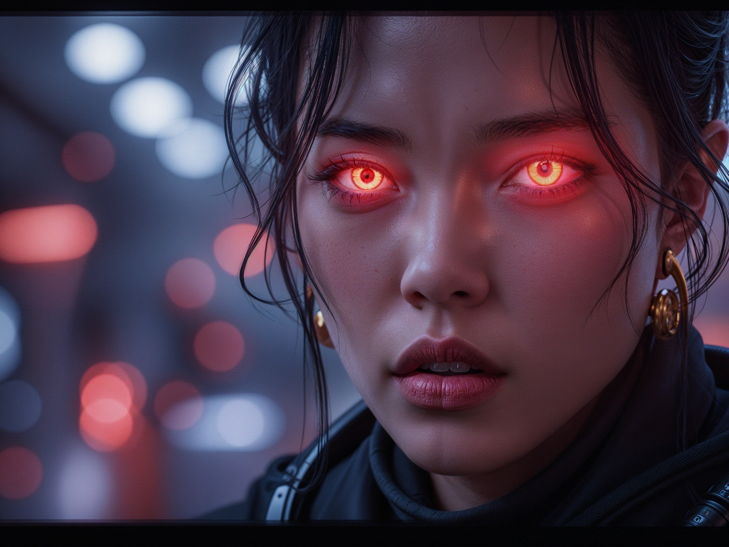 Close-Up Portrait of a Young Woman with Red Eyes