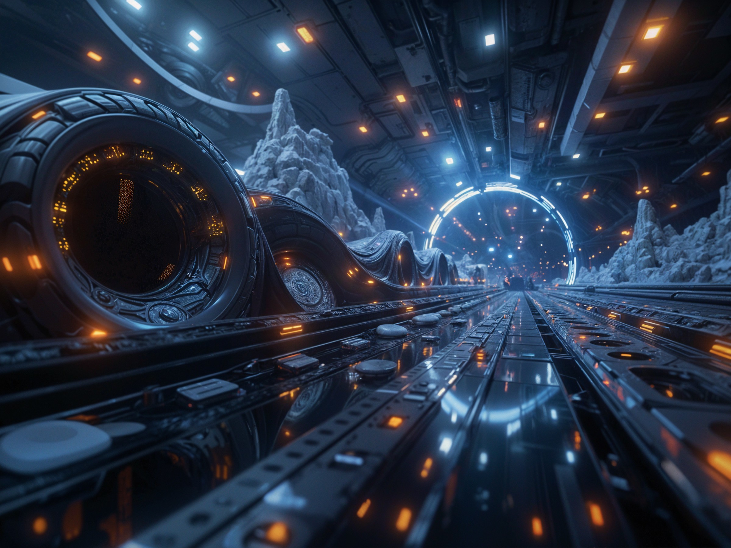 Futuristic Corridor with Reflective Surfaces and Lights