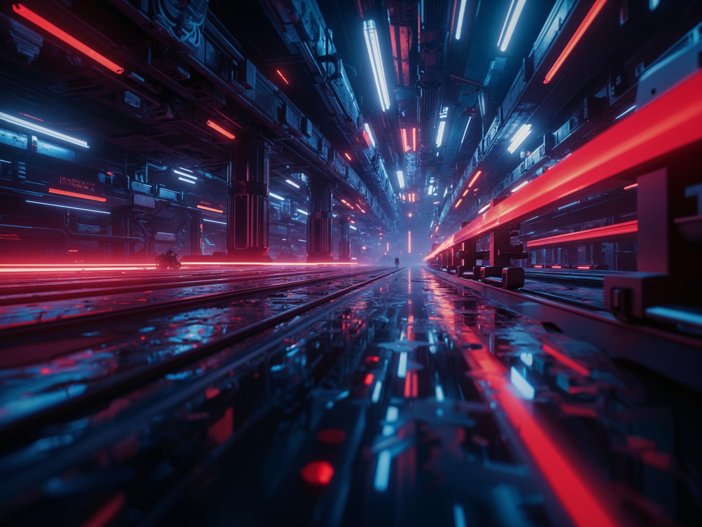 Futuristic Corridor with Neon Lights and Reflections