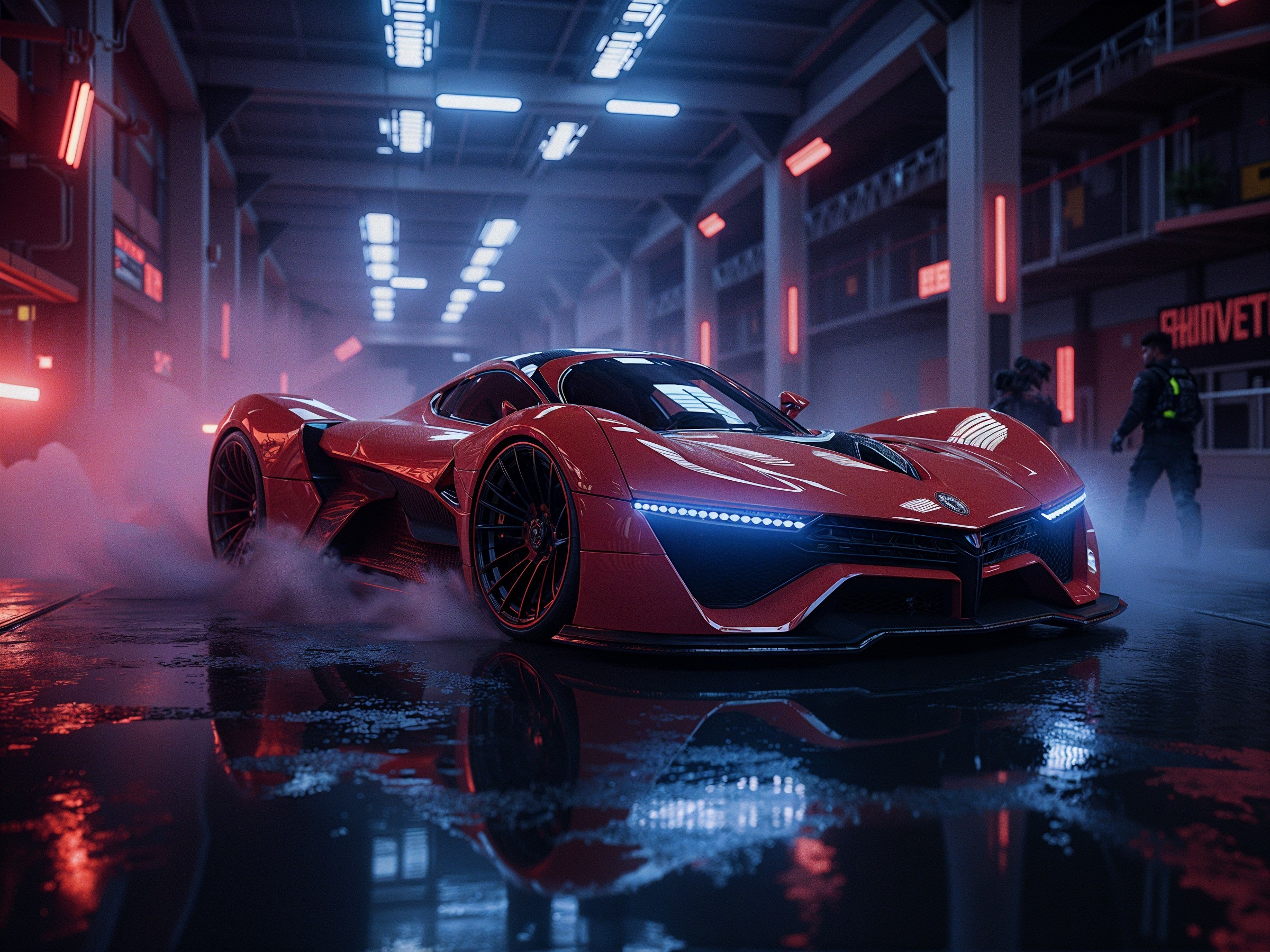 Futuristic Red Supercar in Neon-Lit Garage Setting