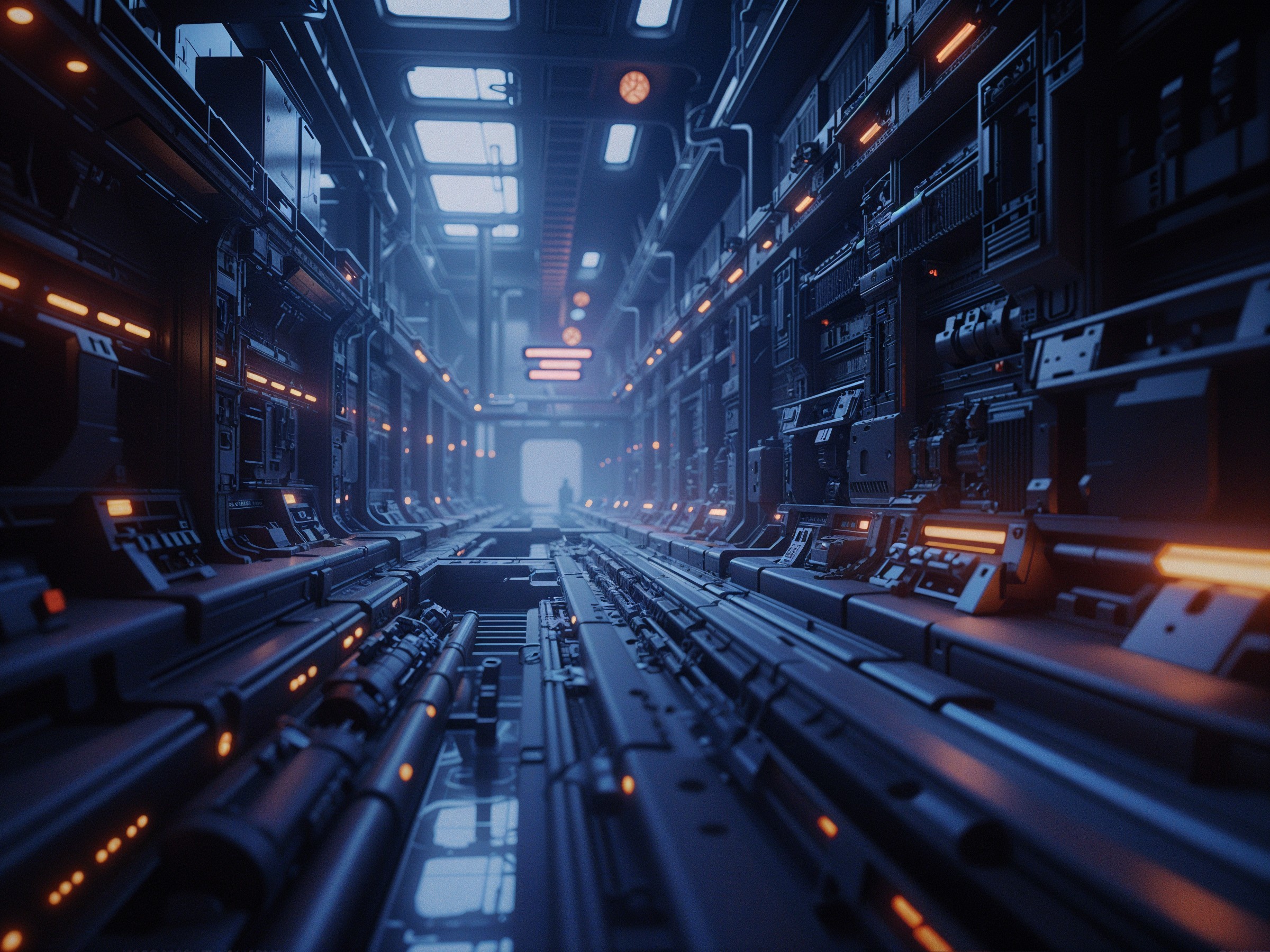 Futuristic corridor with dark metal and orange lights