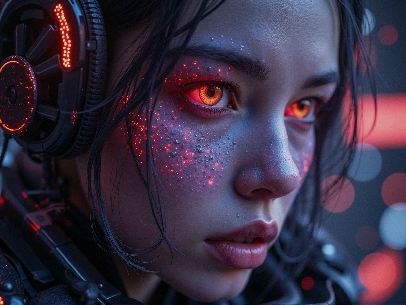 Close-up of a cybernetic female figure with glowing features