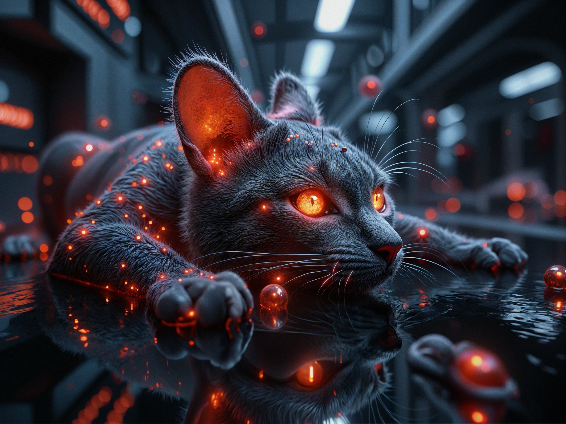 Futuristic Cat with Glowing Eyes in High-Tech Setting