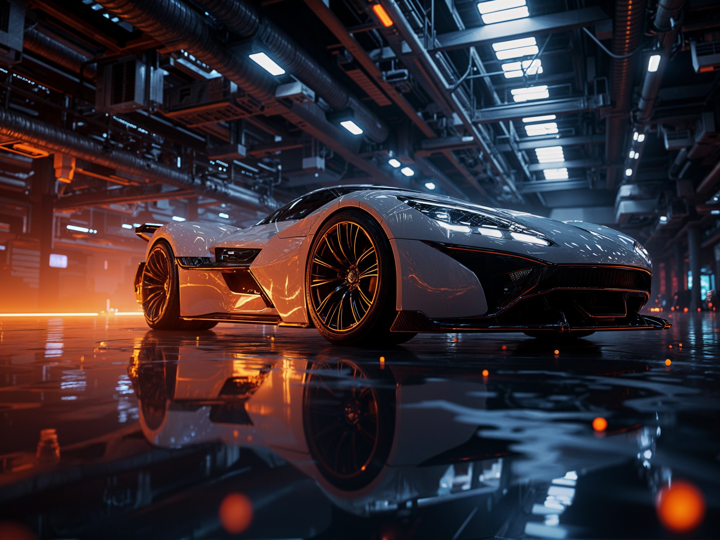 Futuristic Sports Car in High-Tech Garage Setting
