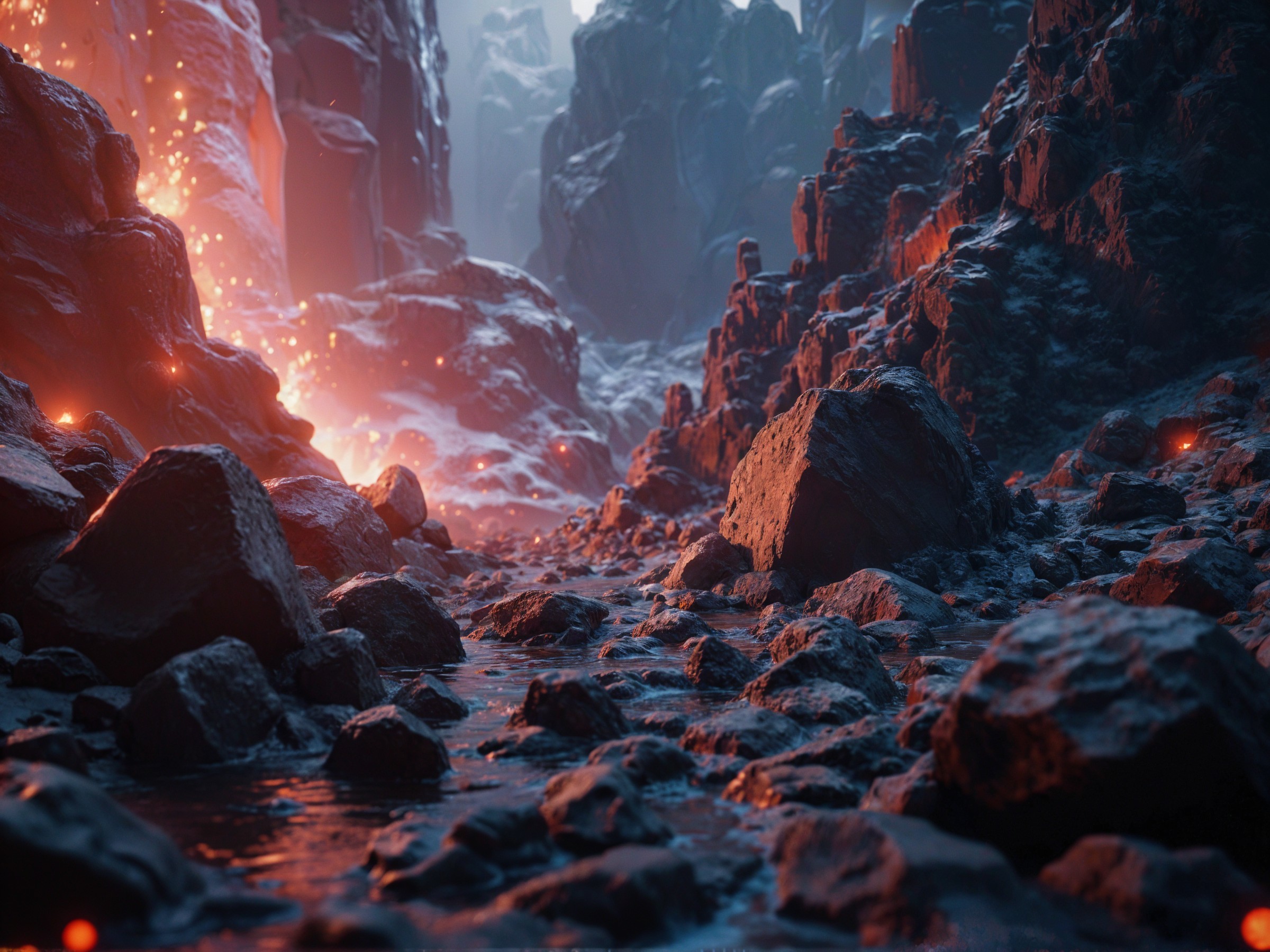 Dramatic Canyon Landscape with Lava Flows and Sparks