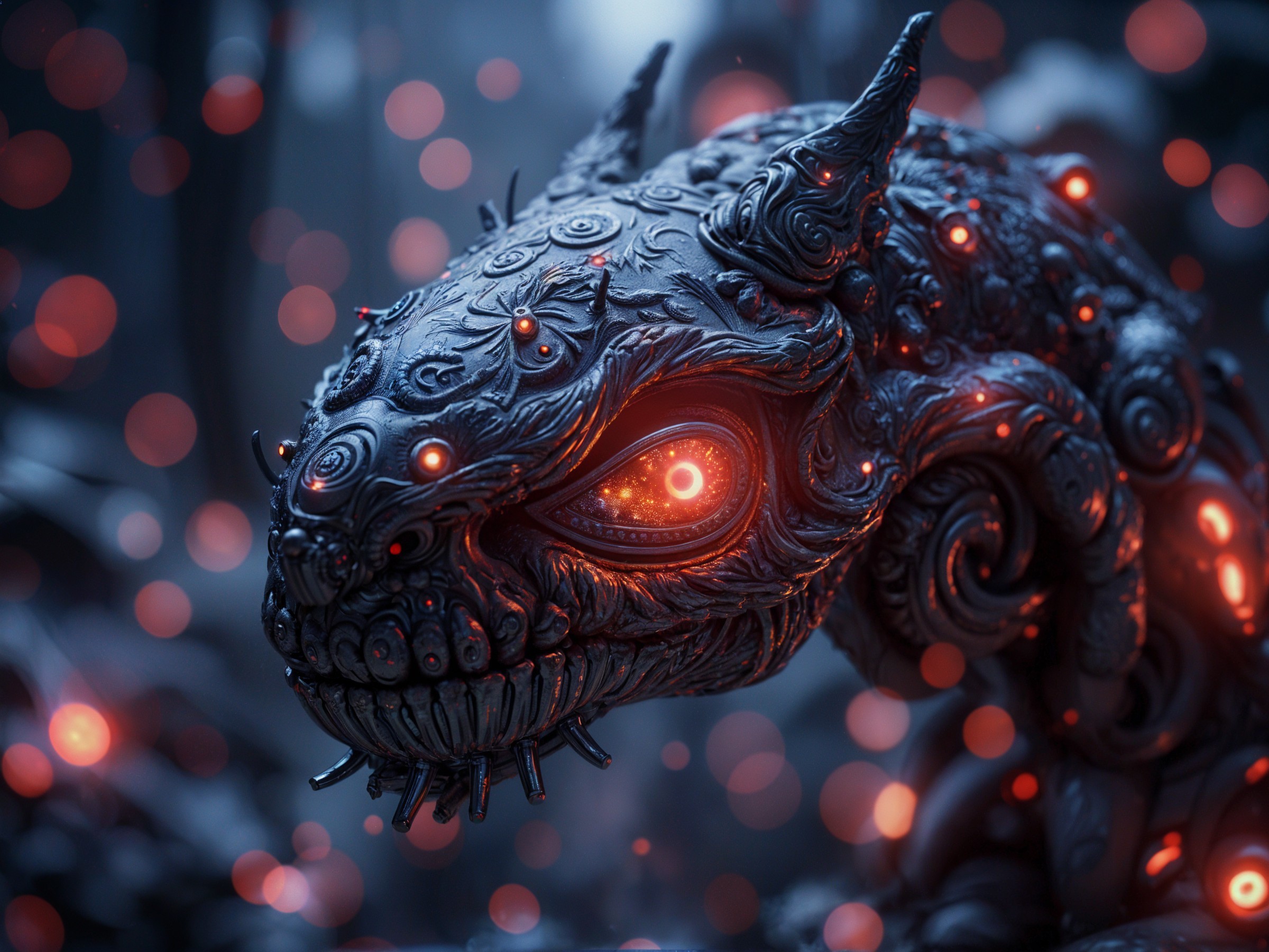 Fantastical creature with dark exterior and glowing eyes