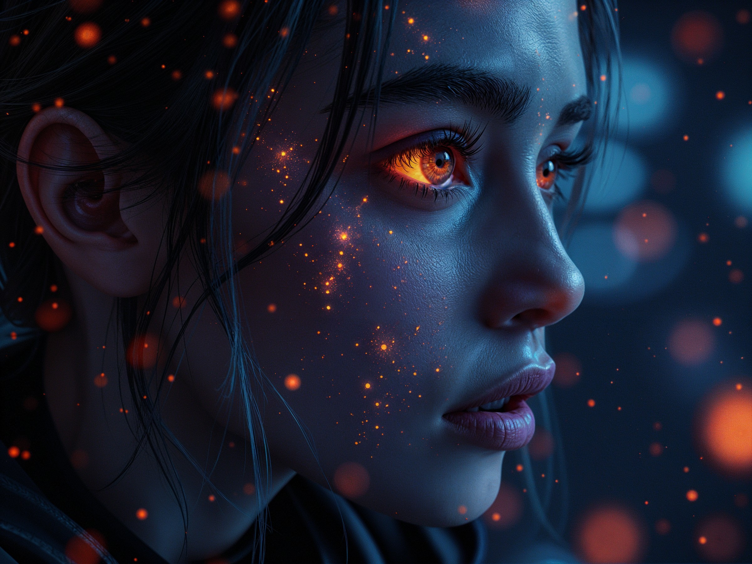 Close-Up Portrait of a Young Woman with Orange Eyes