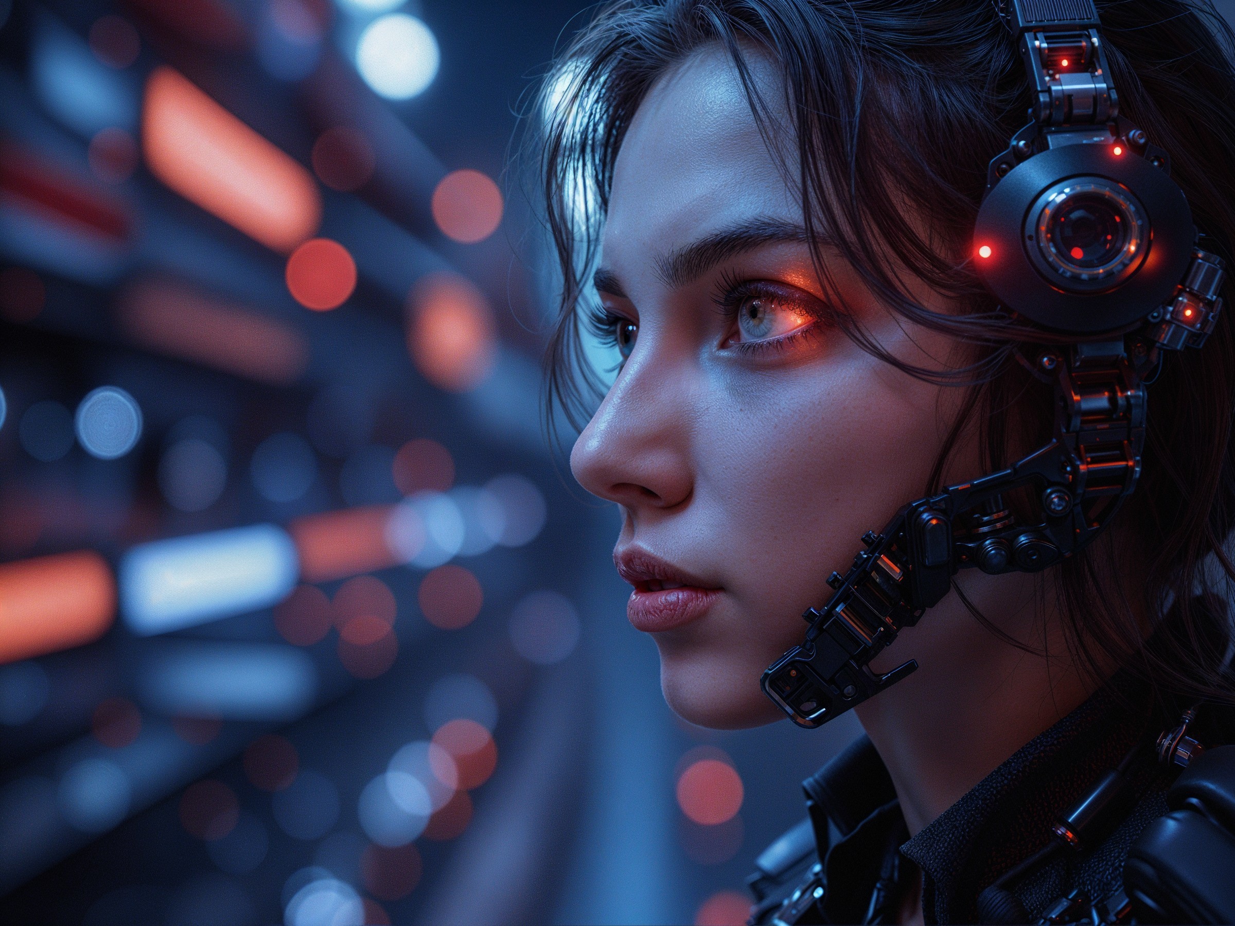 Close-up of a young woman with futuristic headset