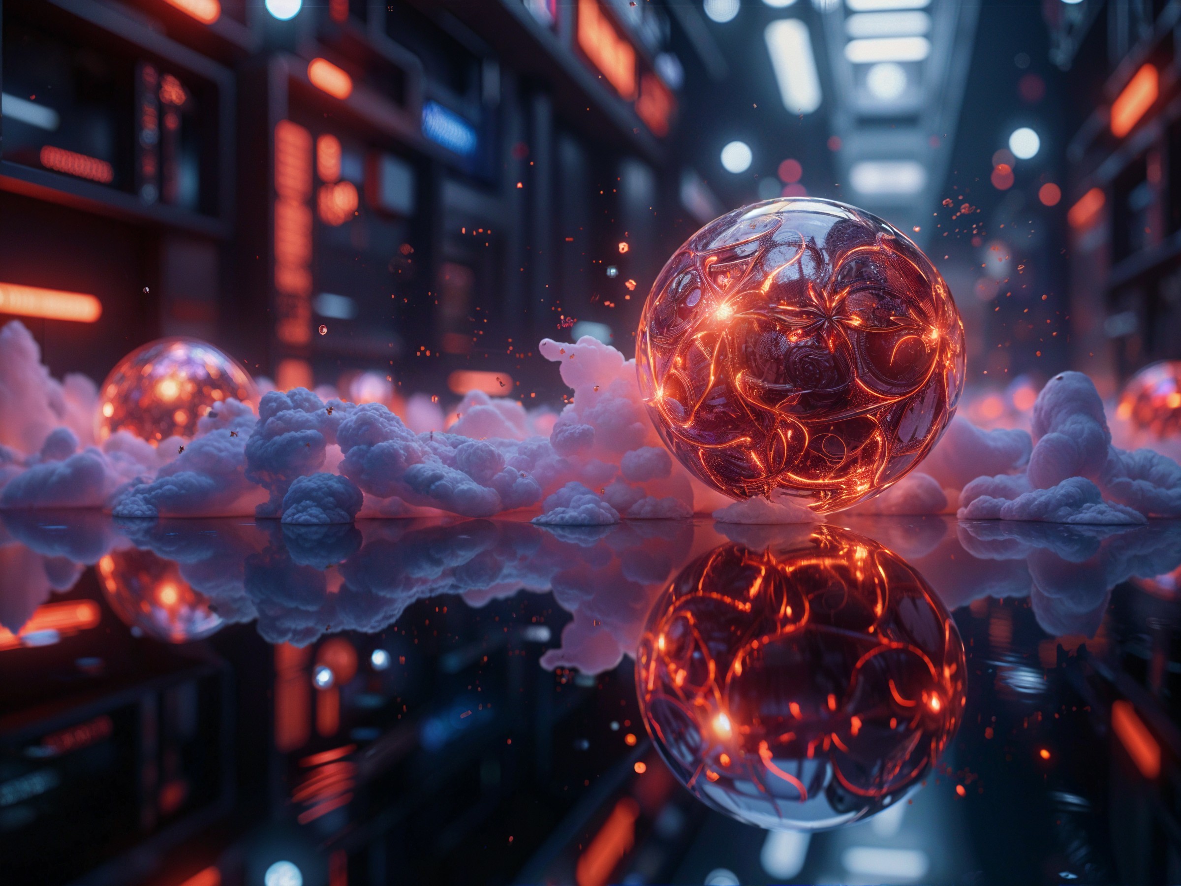 Futuristic scene with glowing orbs and reflective surfaces