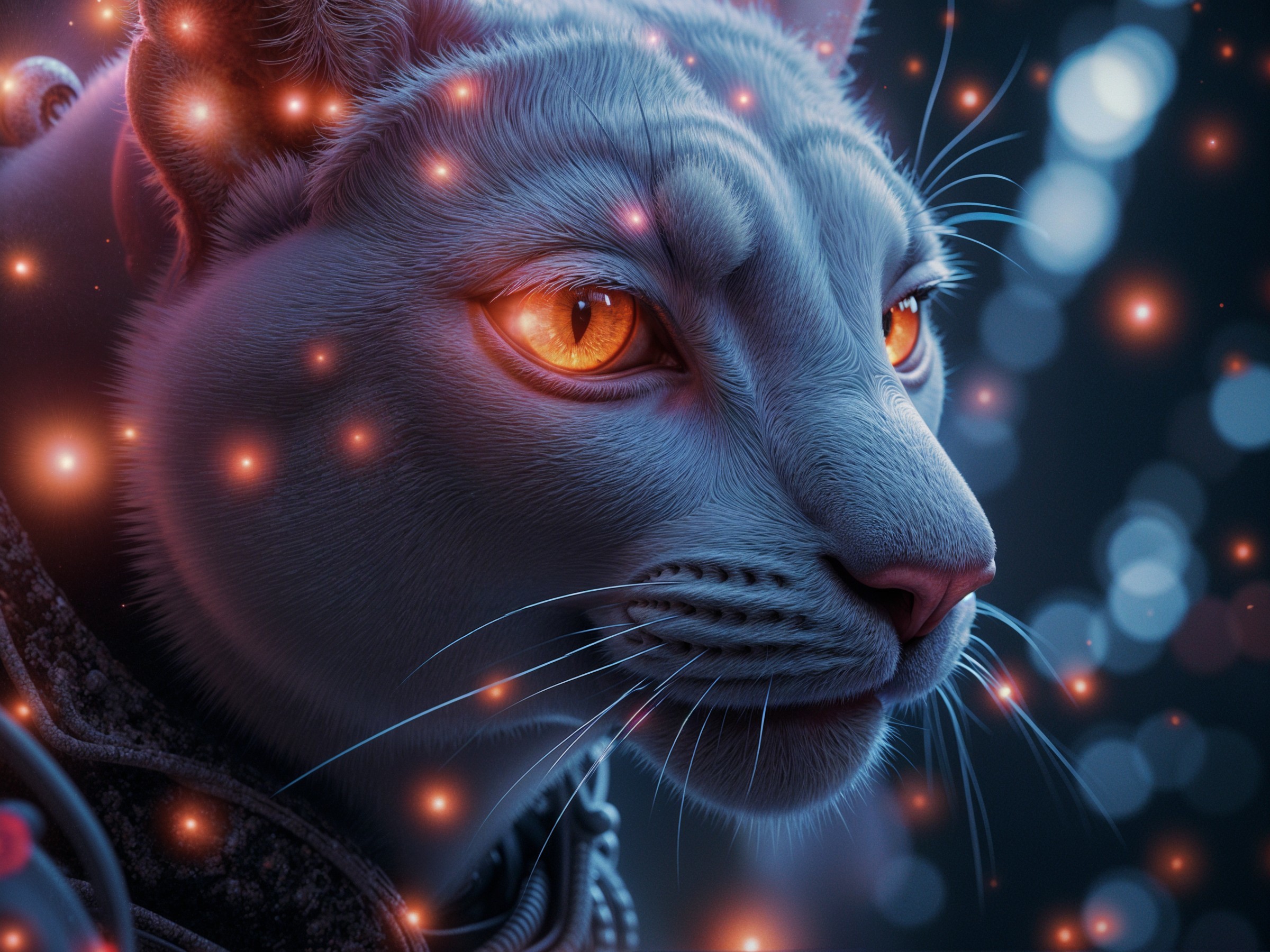 Futuristic cat with orange eyes and white fur coat