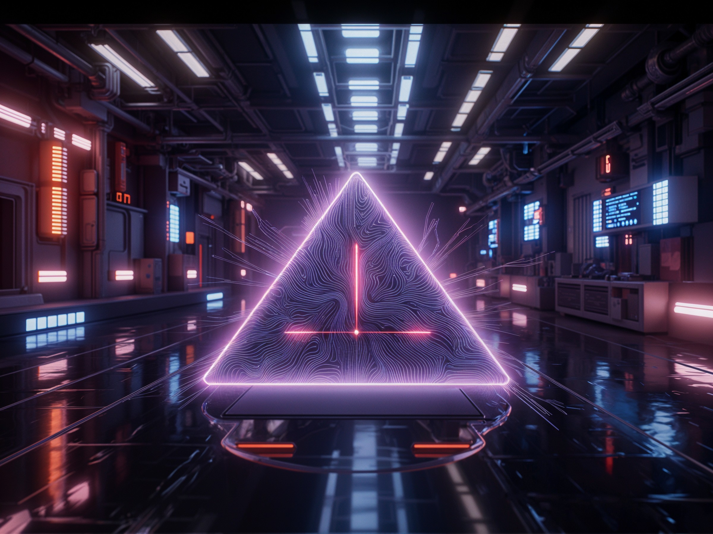 Futuristic Scene with Luminous Pyramid and High-Tech Corridors