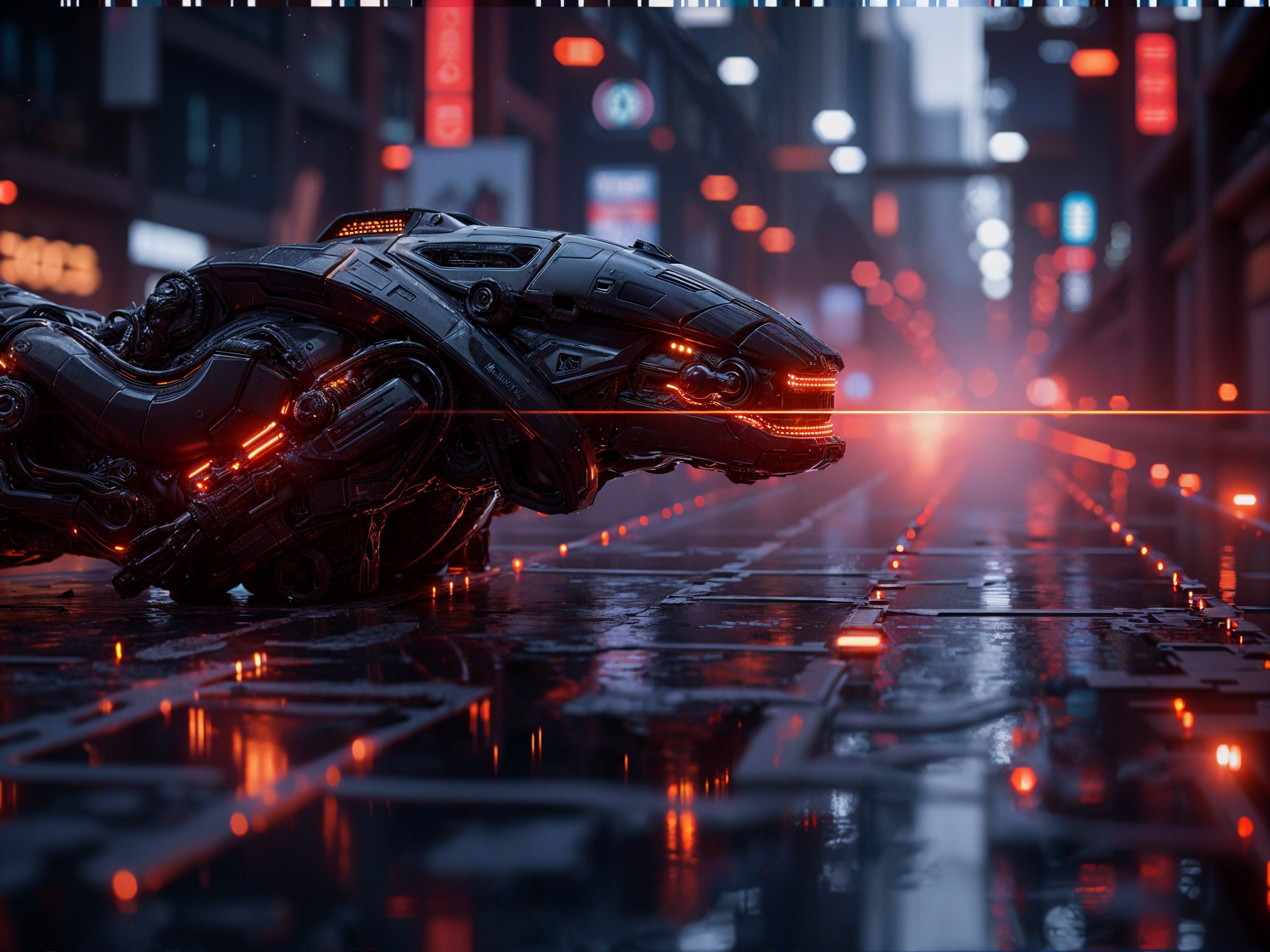 Futuristic Armored Vehicle on Neon Rainy Street
