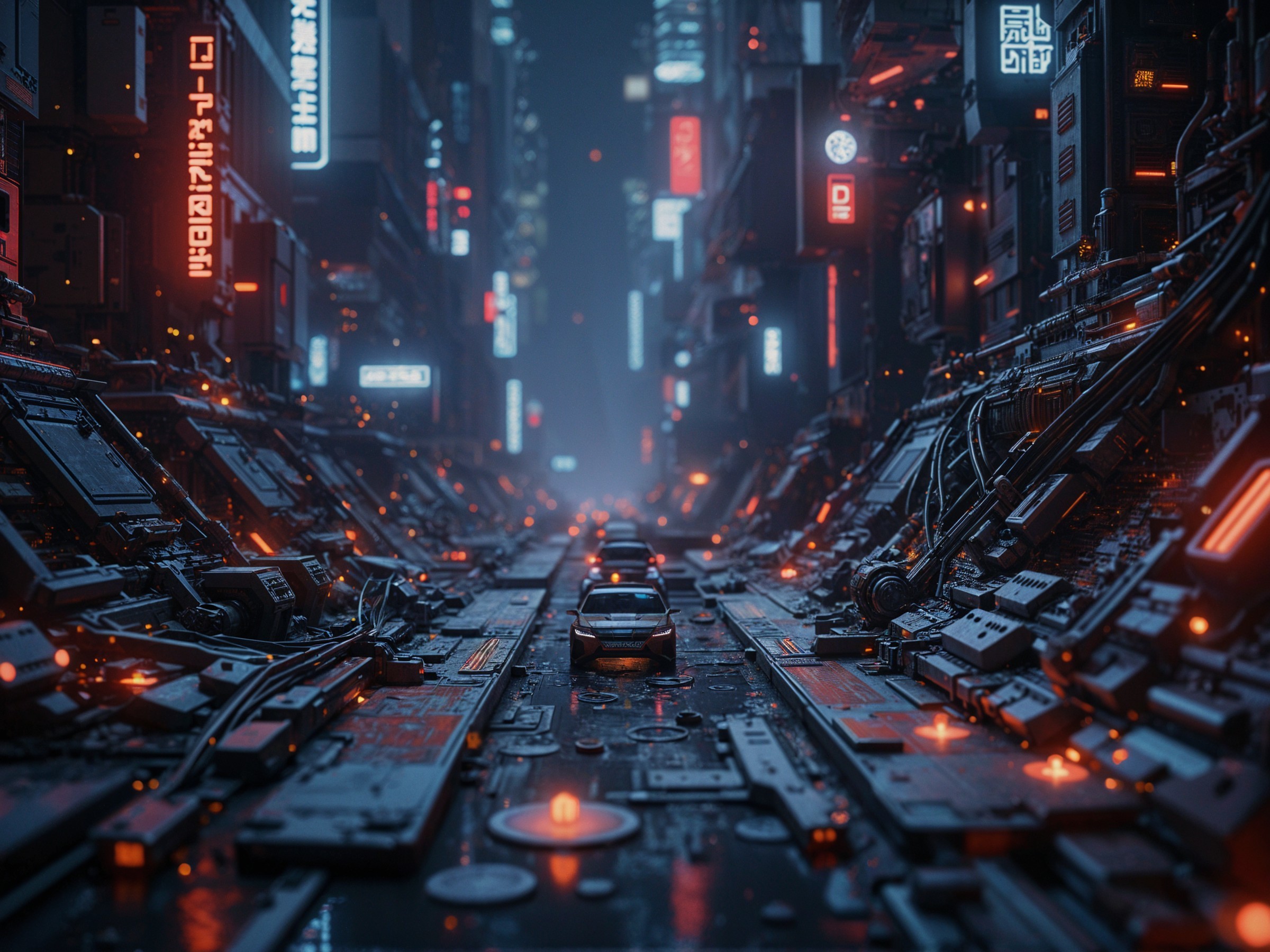 Futuristic cityscape with neon lights and machinery