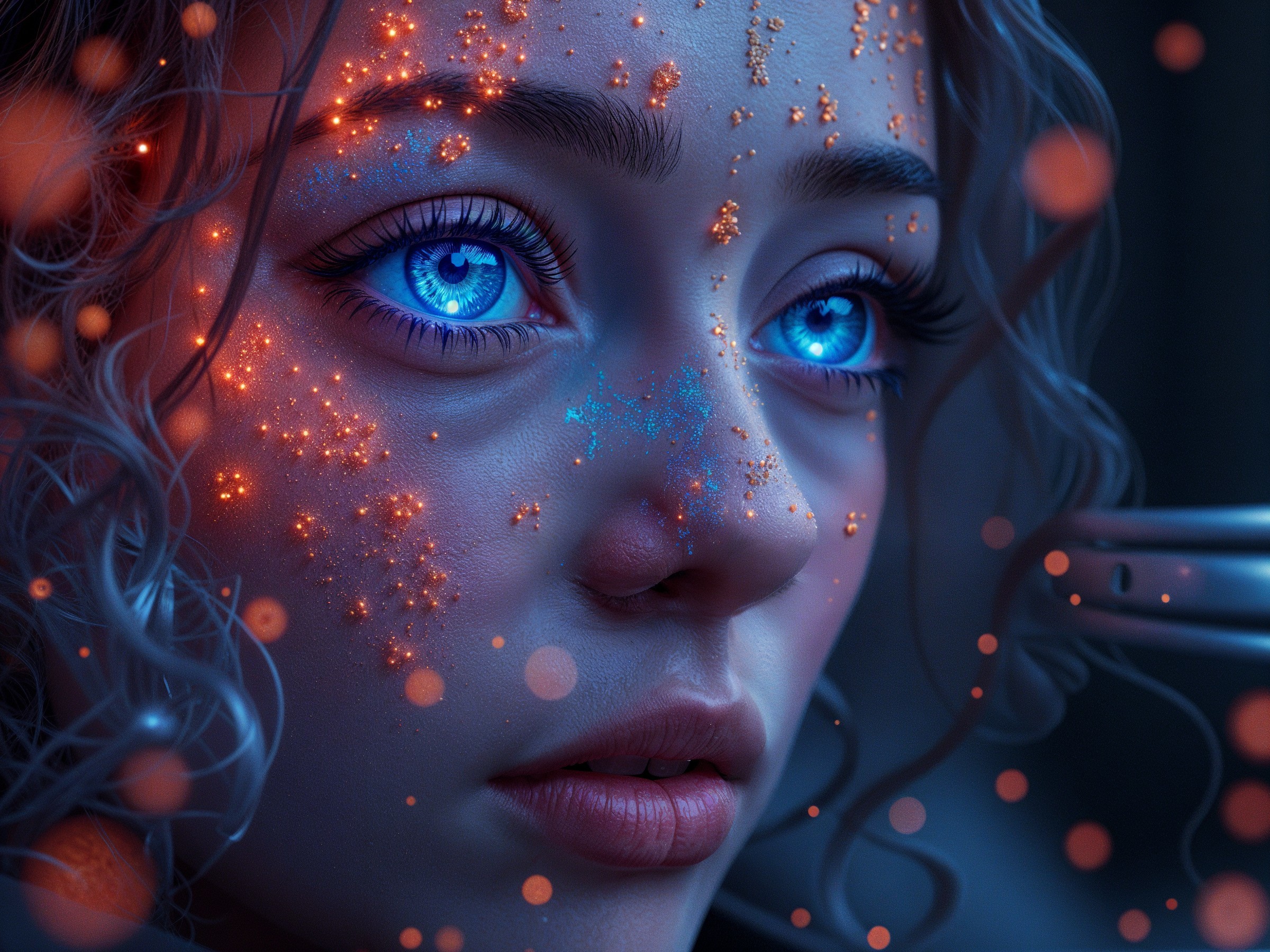 Close-Up of a Young Woman with Luminescent Blue Eyes