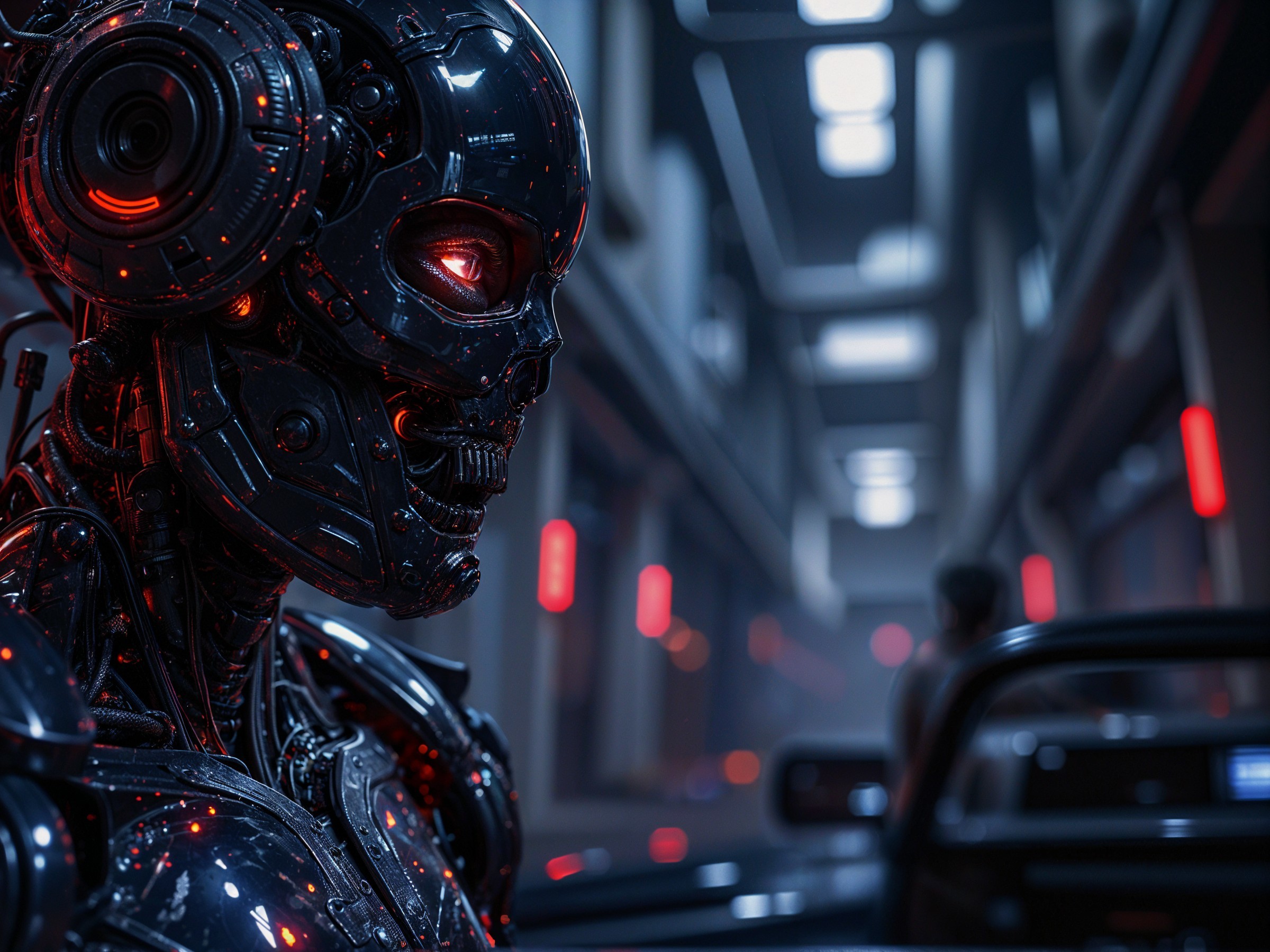 Futuristic Robotic Figure in Dimly Lit Corridor