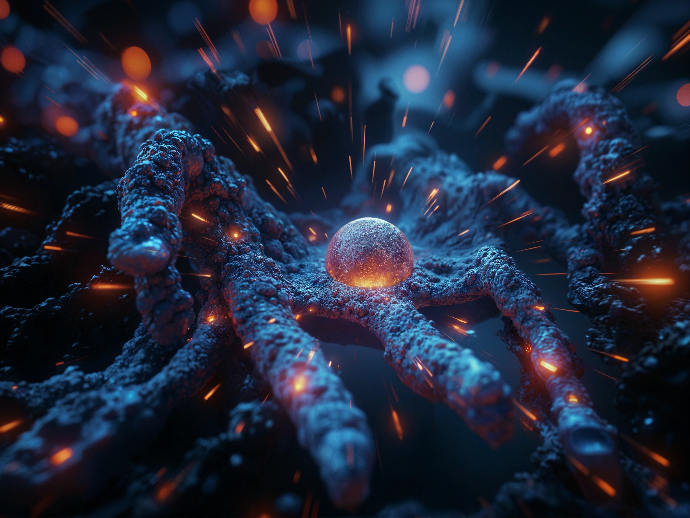 Close-up of Dark Organic Structures with Glowing Orb