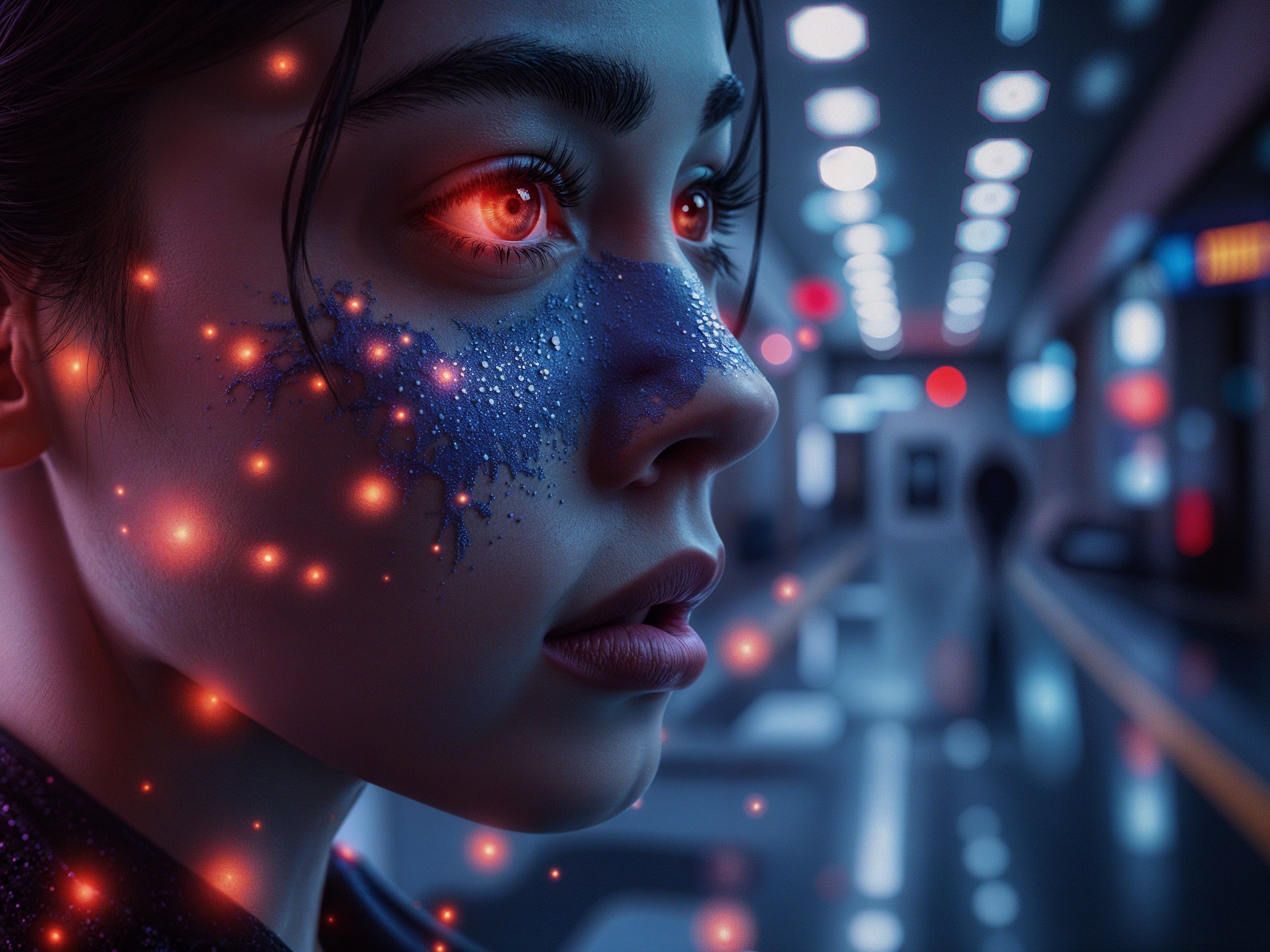Close-up of a woman with glowing features and patterns