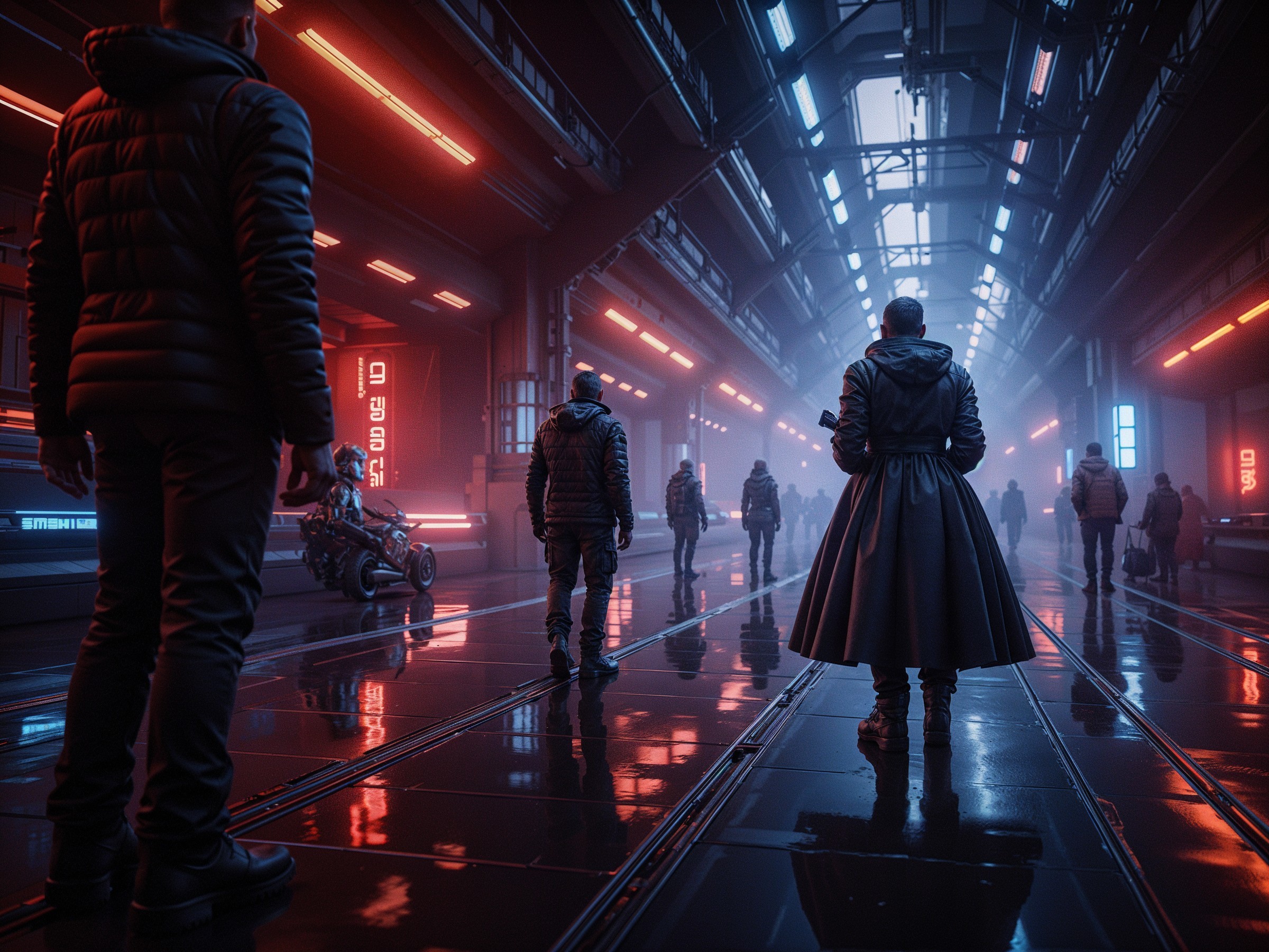 Futuristic Corridor with Neon Lights and Technology