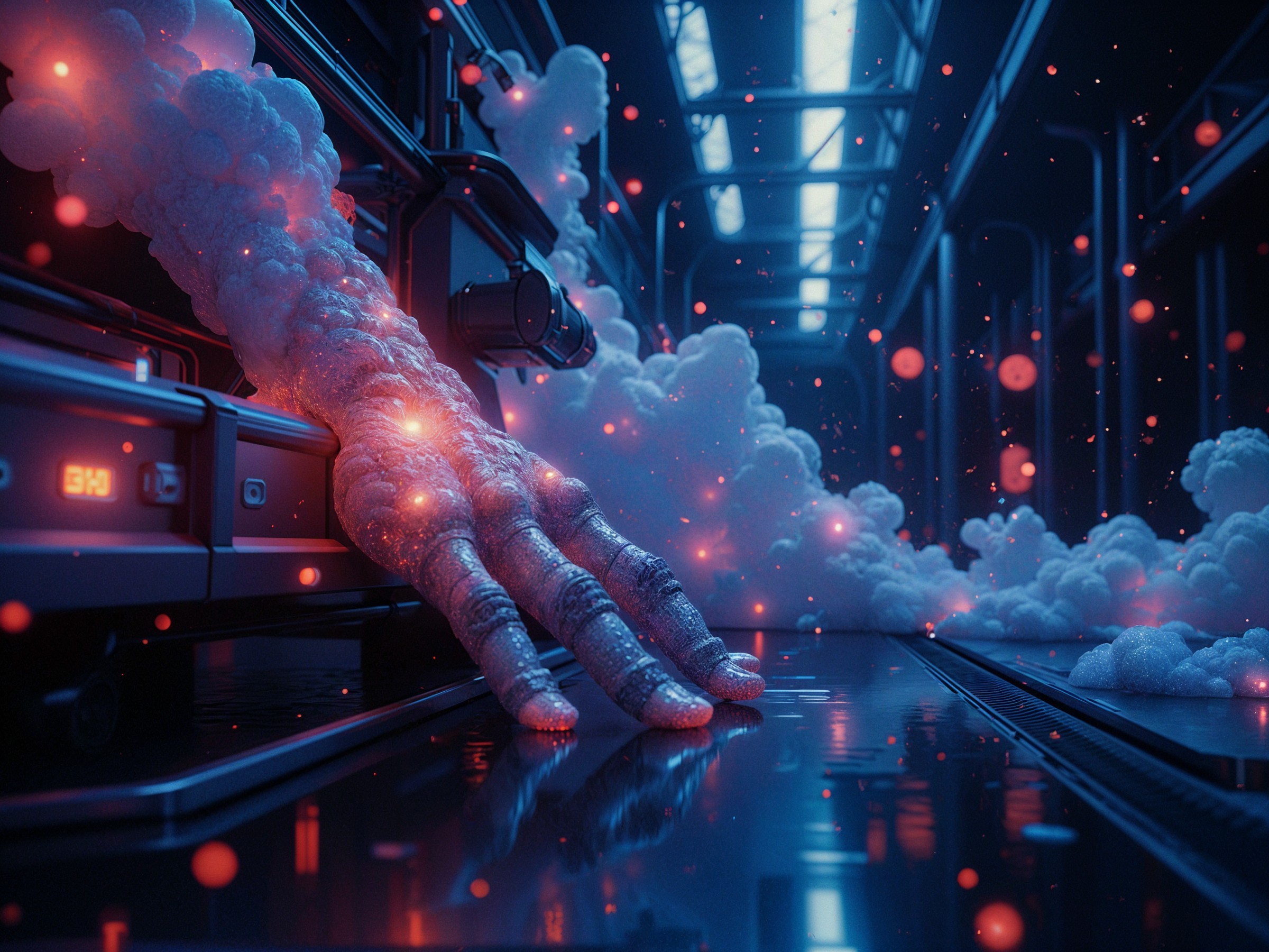 Ethereal Hand Emerges from Futuristic Machine Scene