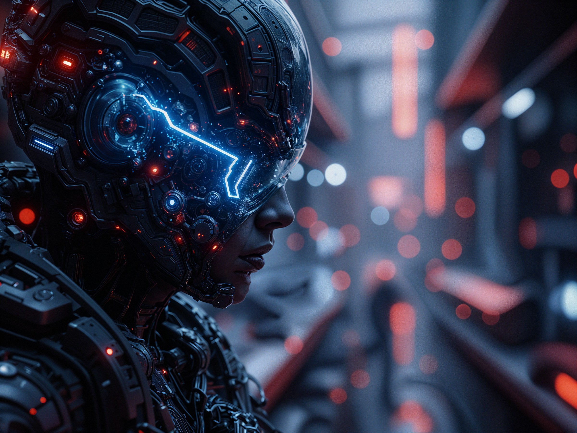 Futuristic humanoid robot in high-tech environment