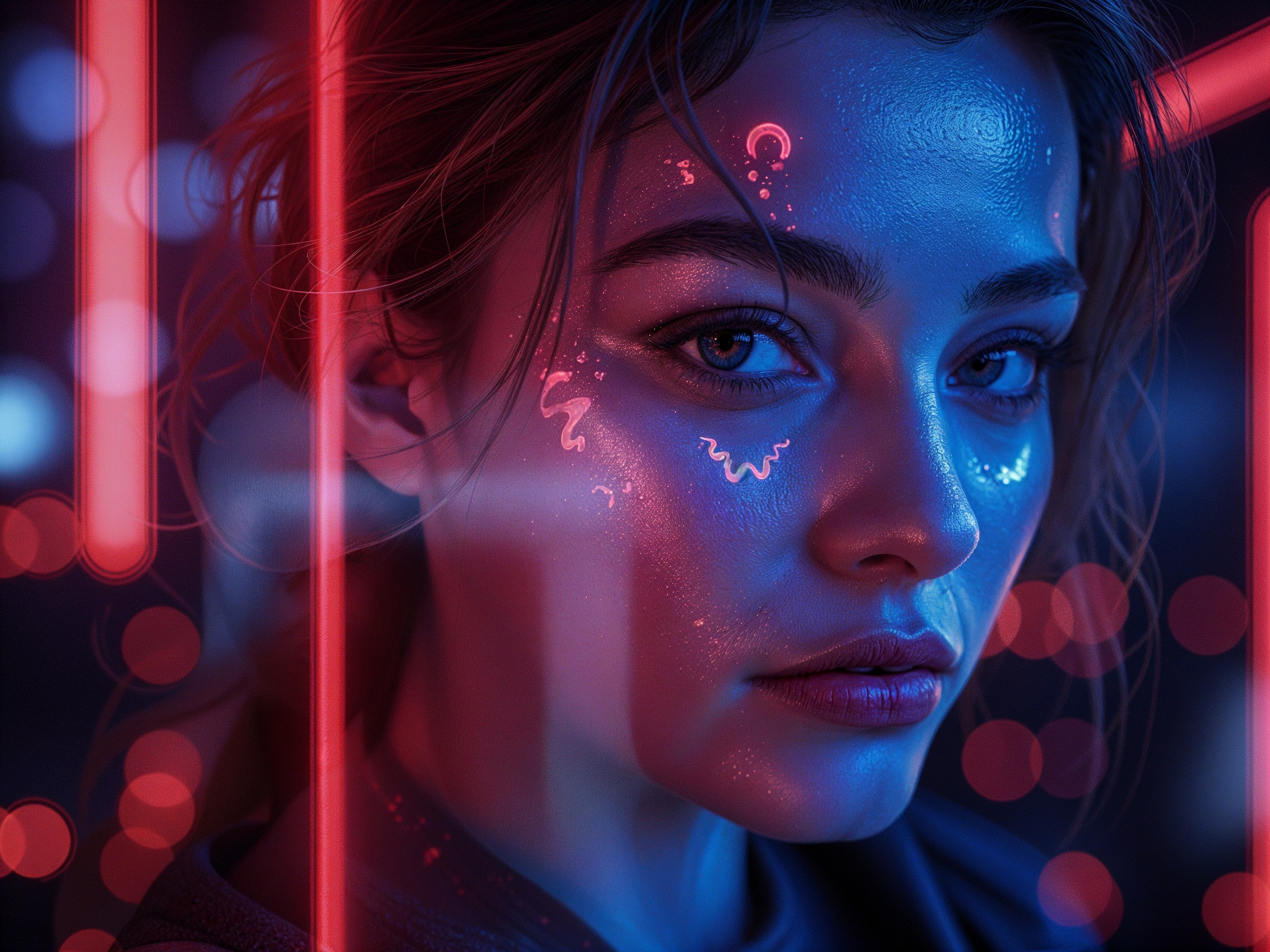 Close-up Portrait of Woman with Neon Light Effects