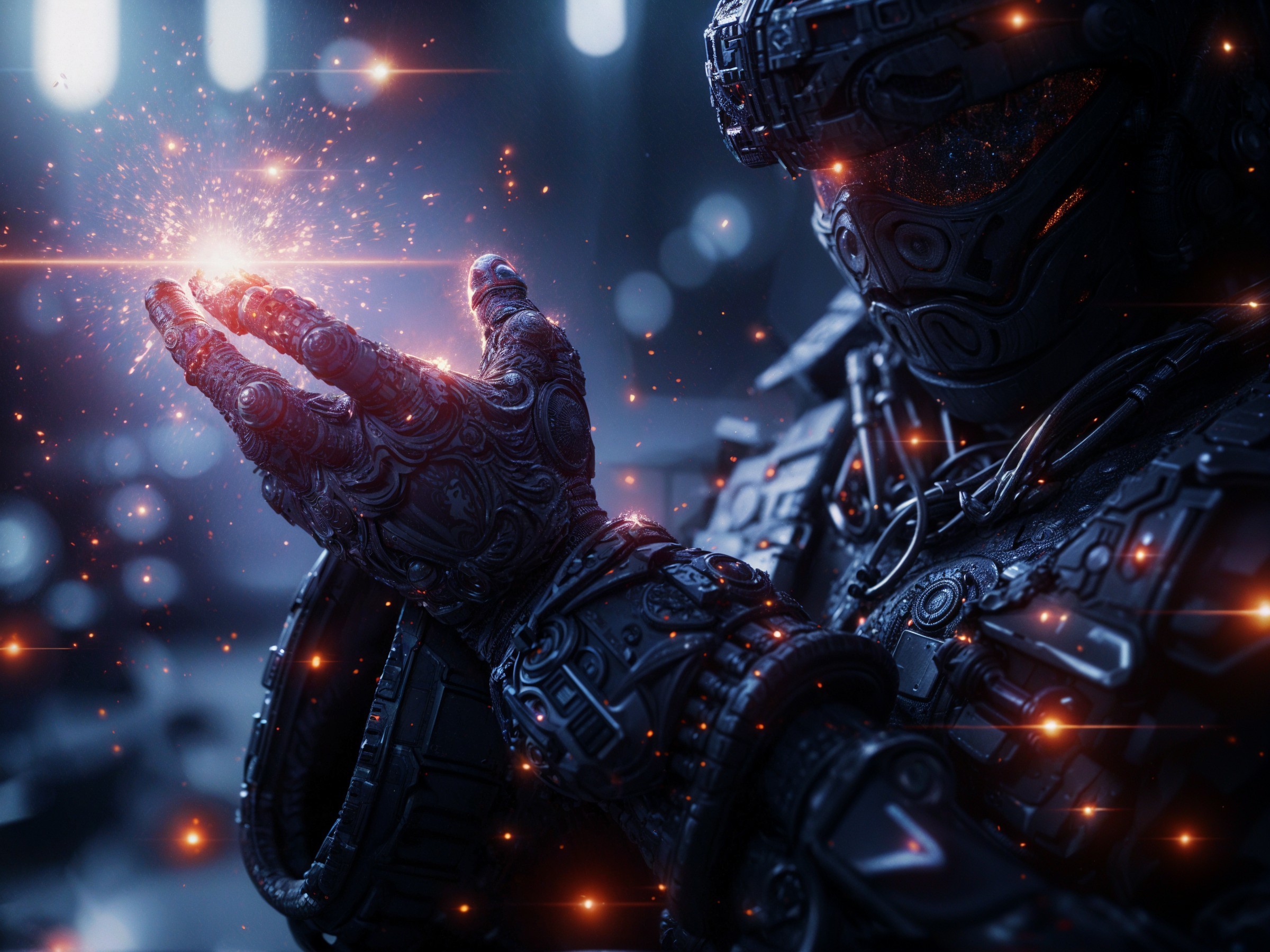 Futuristic Cybernetic Figure with Glowing Energy Orb