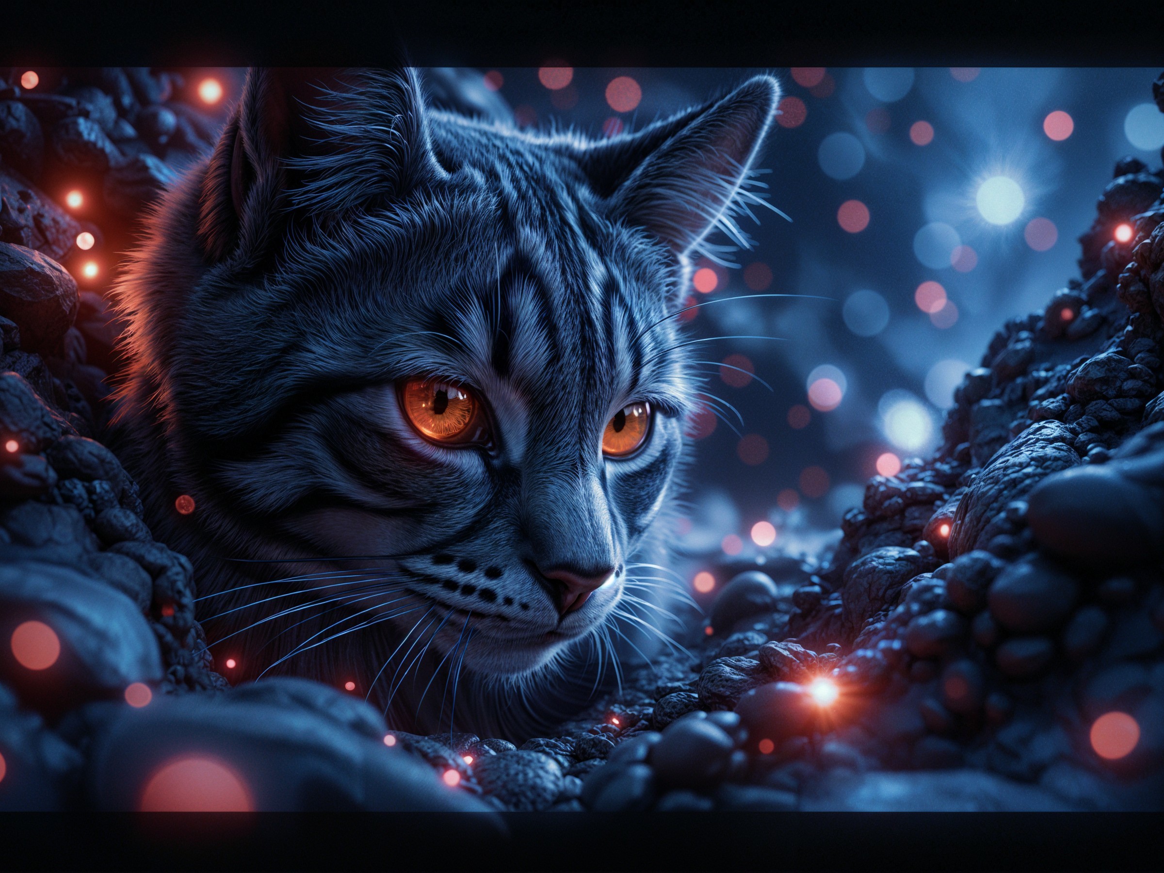 Close-up of a cat with orange eyes in a mystical setting